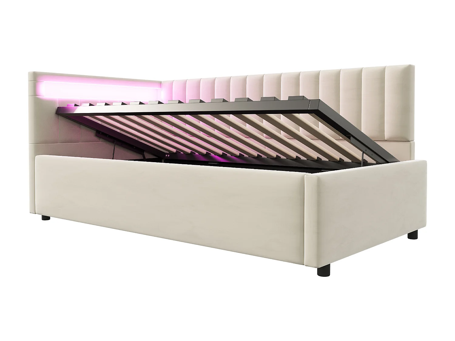 Kinderbedbank 90x200 cm met opbergruimte en LED-verlichting, bekleed met beige fluweel, zonder matras