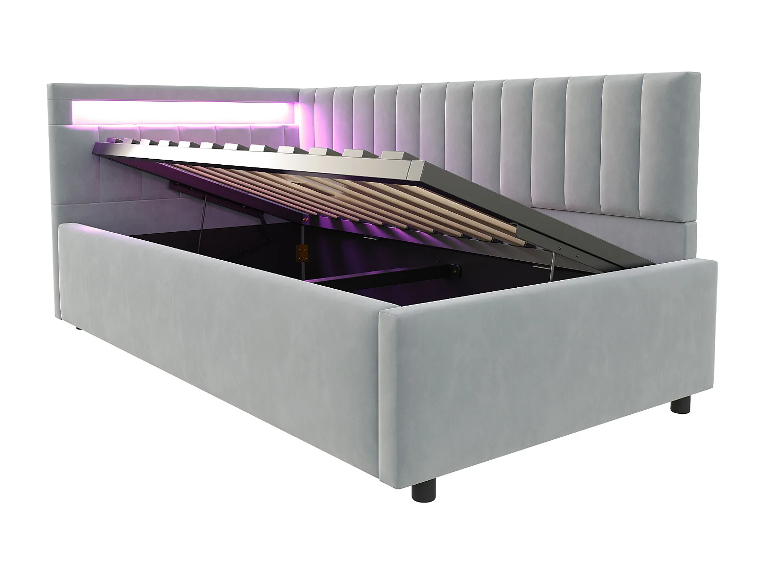 Kinderbedbank 90x200 cm met opbergruimte en LED-verlichting, bekleed met lichtgrijs fluweel, zonder matras