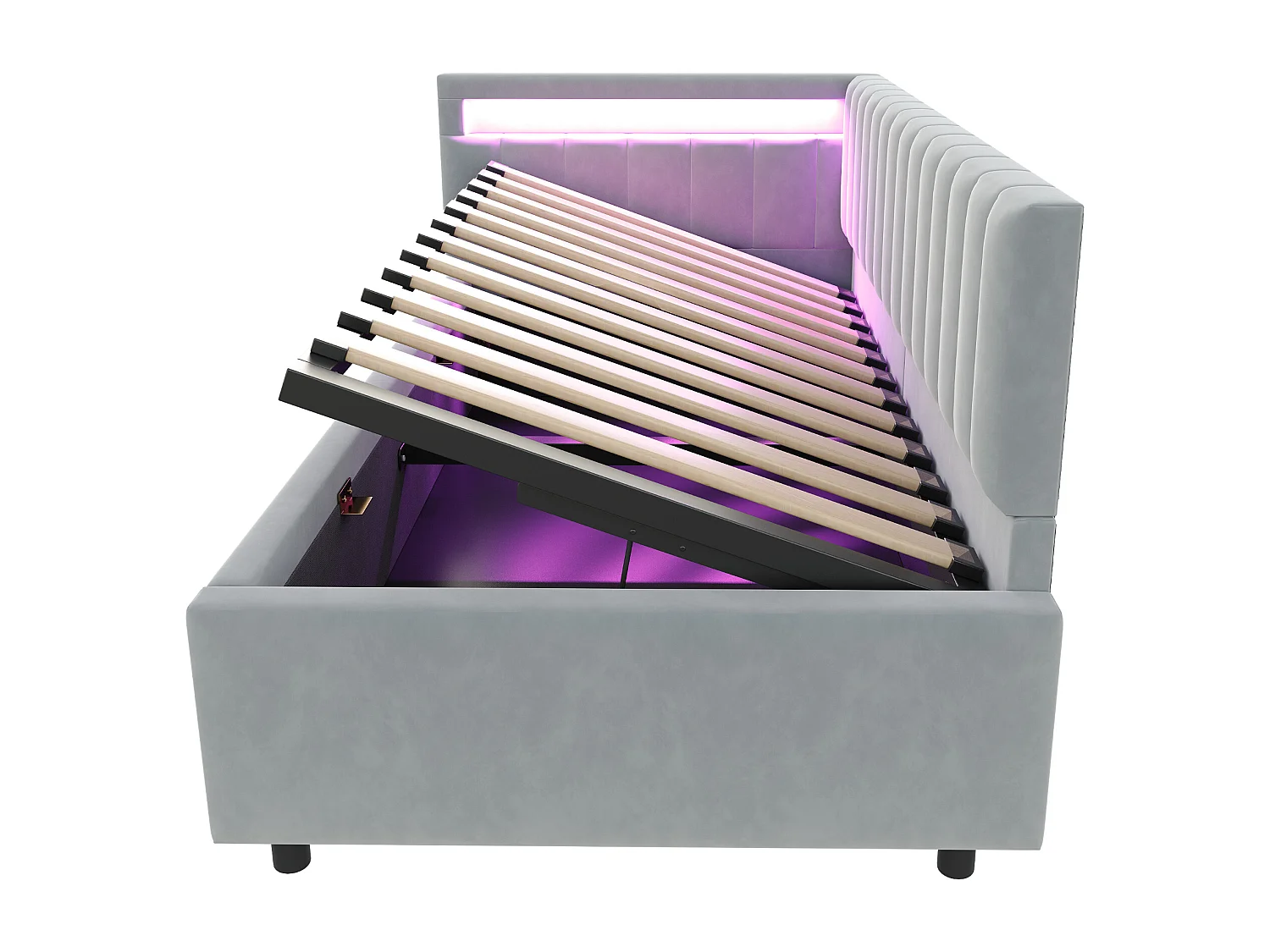 Kinderbedbank 90x200 cm met opbergruimte en LED-verlichting, bekleed met lichtgrijs fluweel, zonder matras