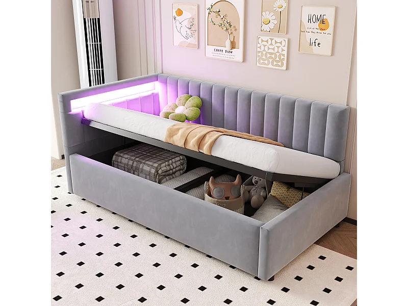 Cama sofá infantil 90x200 cm, con arcón y luces LED, tapizada en terciopelo gris claro, sin colchón