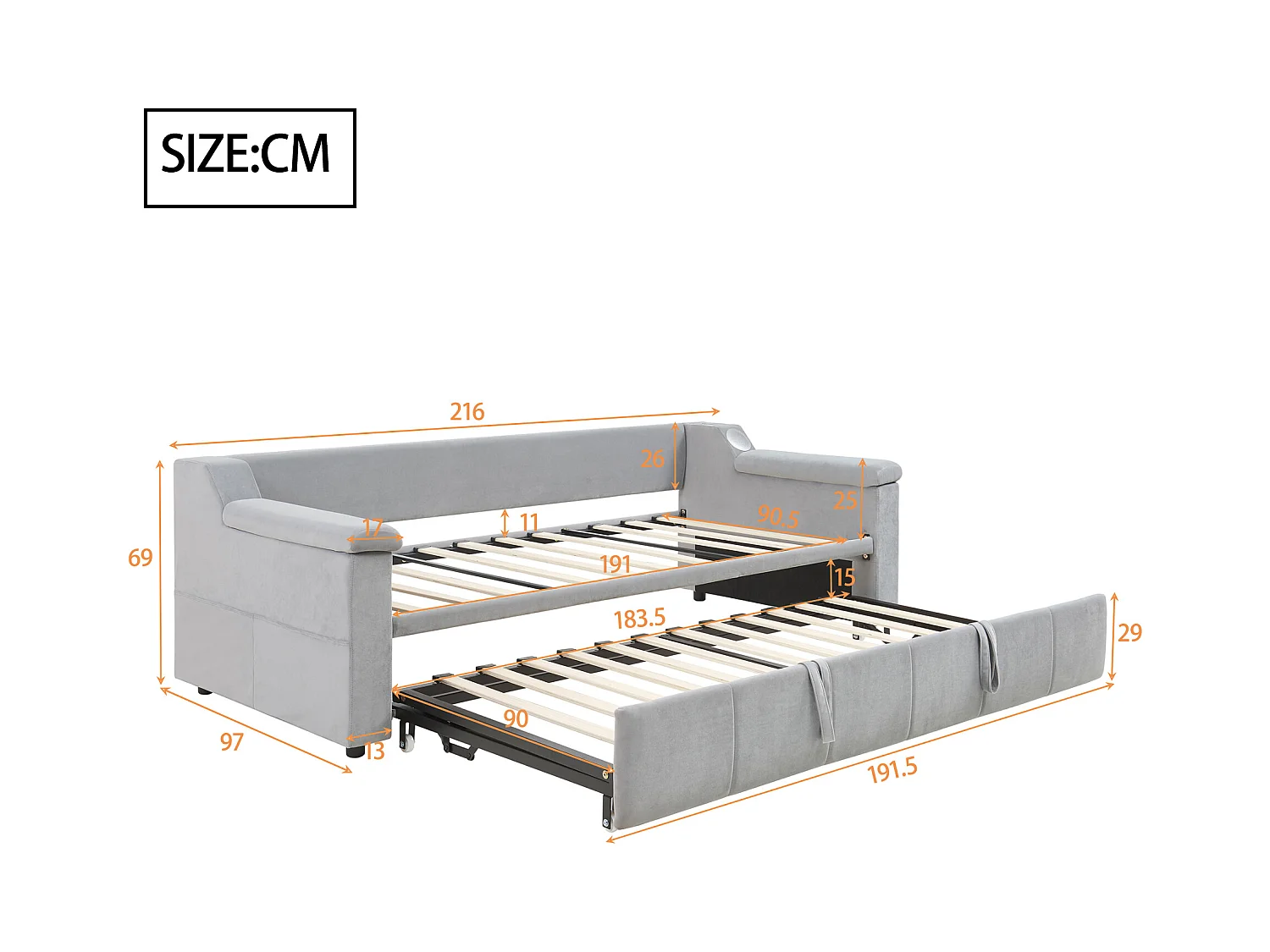 Lit banquette enfant 90x190cm convertible avec lit gigogne,haut-parleurs Bluetooth et USB, velours gris clair, sans matelas