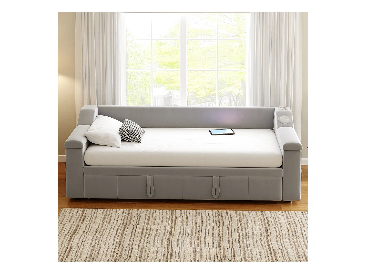 Lit banquette enfant 90x190cm convertible avec lit gigogne,haut-parleurs Bluetooth et USB, velours gris clair, sans matelas