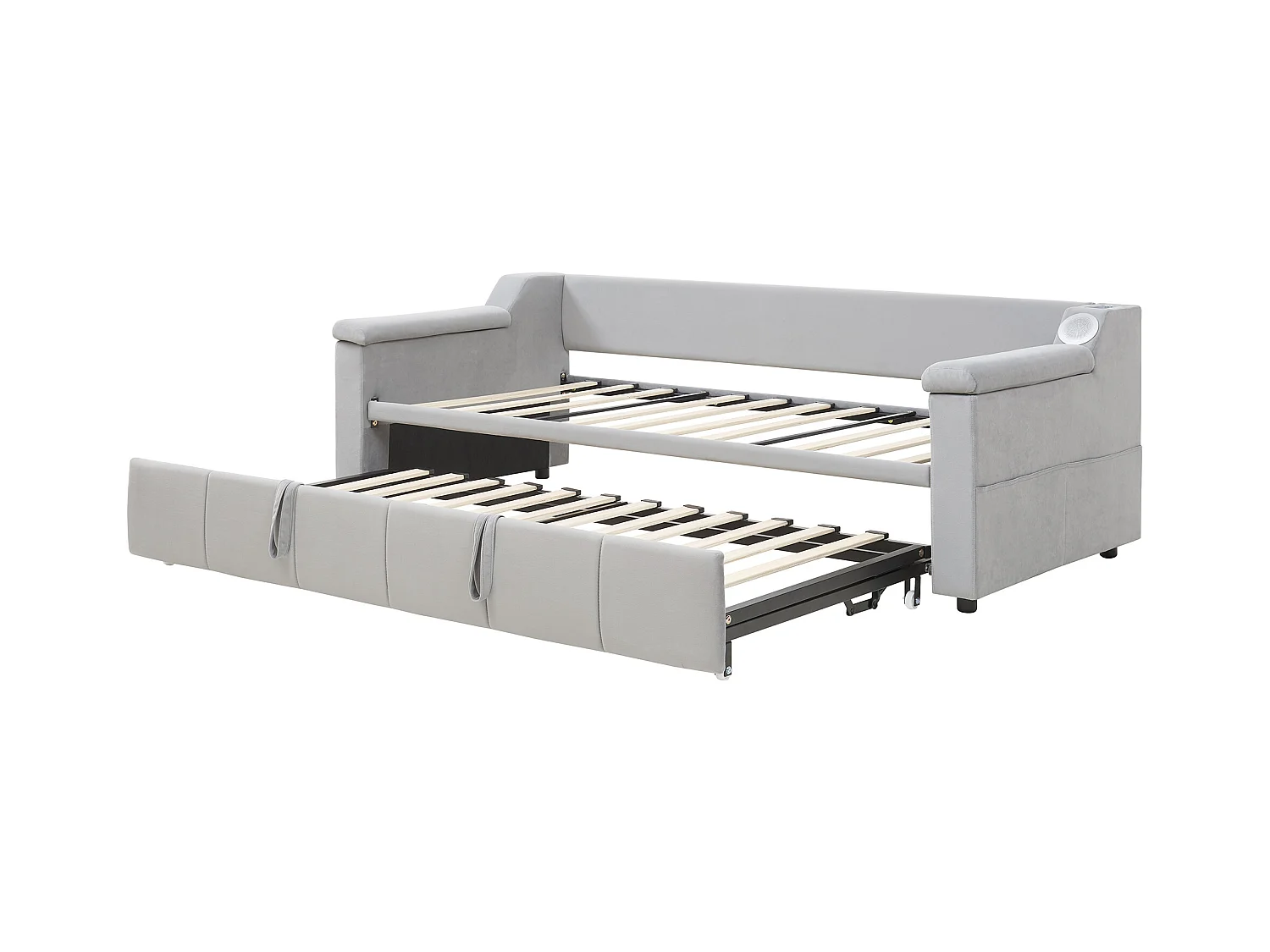 Lit banquette enfant 90x190cm convertible avec lit gigogne,haut-parleurs Bluetooth et USB, velours gris clair, sans matelas