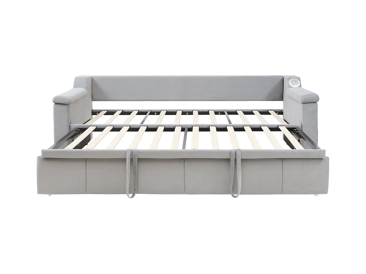 Lit banquette enfant 90x190cm convertible avec lit gigogne,haut-parleurs Bluetooth et USB, velours gris clair, sans matelas