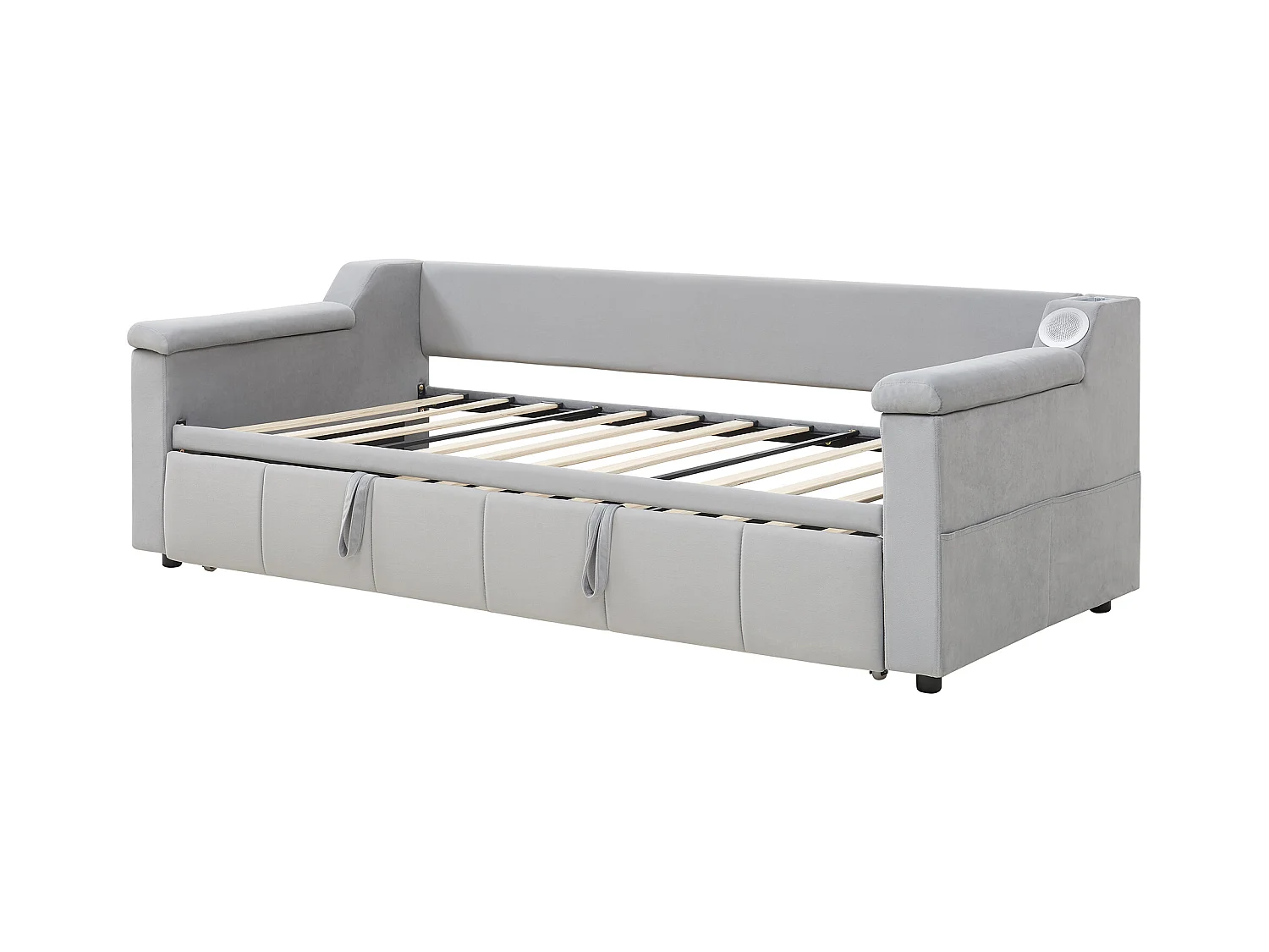 Lit banquette enfant 90x190cm convertible avec lit gigogne,haut-parleurs Bluetooth et USB, velours gris clair, sans matelas