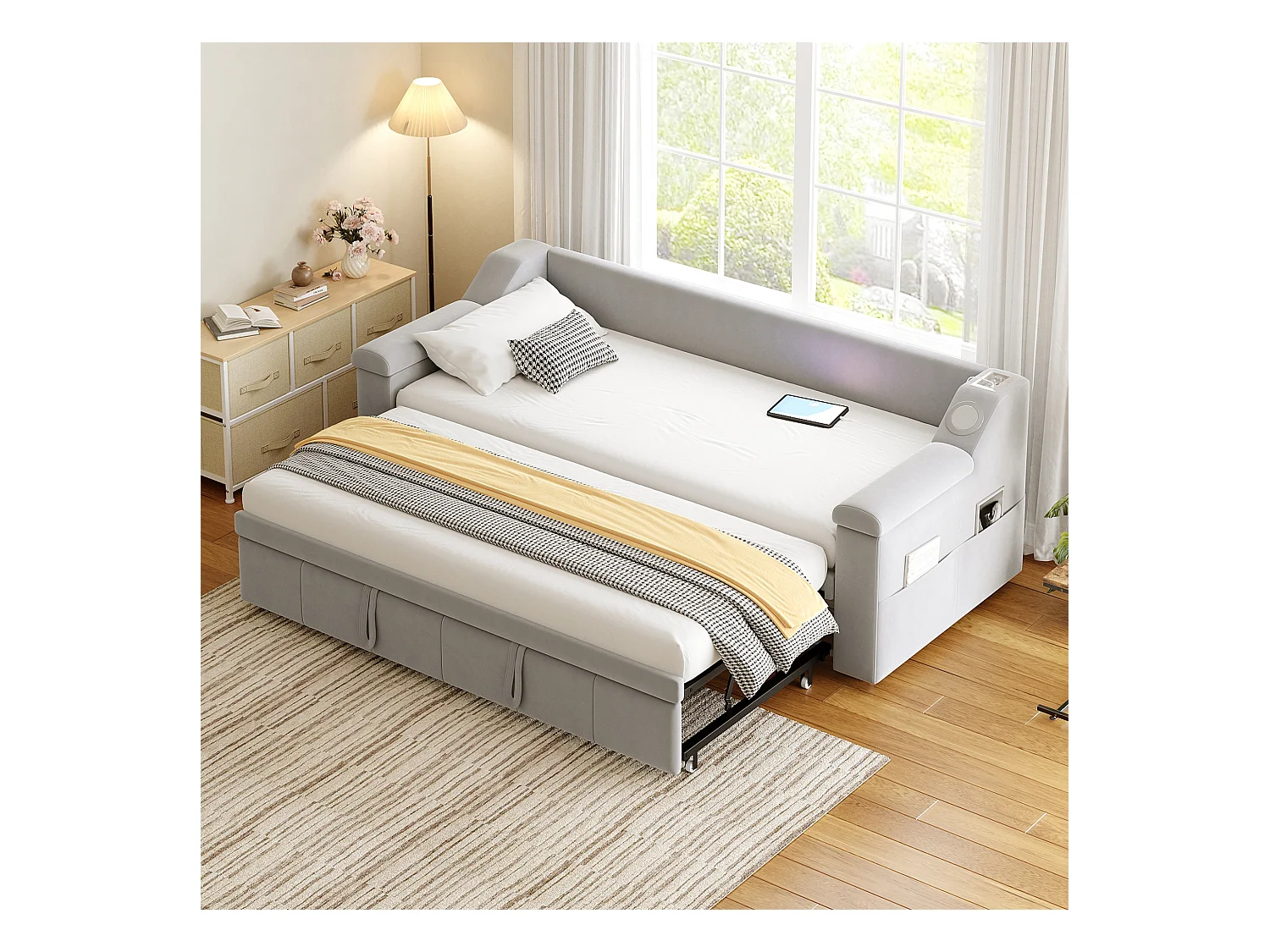 Lit banquette enfant 90x190cm convertible avec lit gigogne,haut-parleurs Bluetooth et USB, velours gris clair, sans matelas