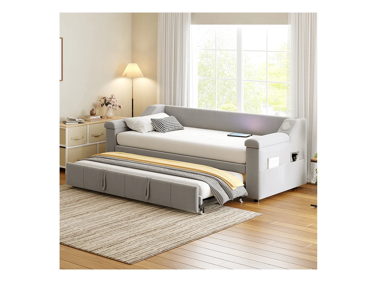 Lit banquette enfant 90x190cm convertible avec lit gigogne,haut-parleurs Bluetooth et USB, velours gris clair, sans matelas
