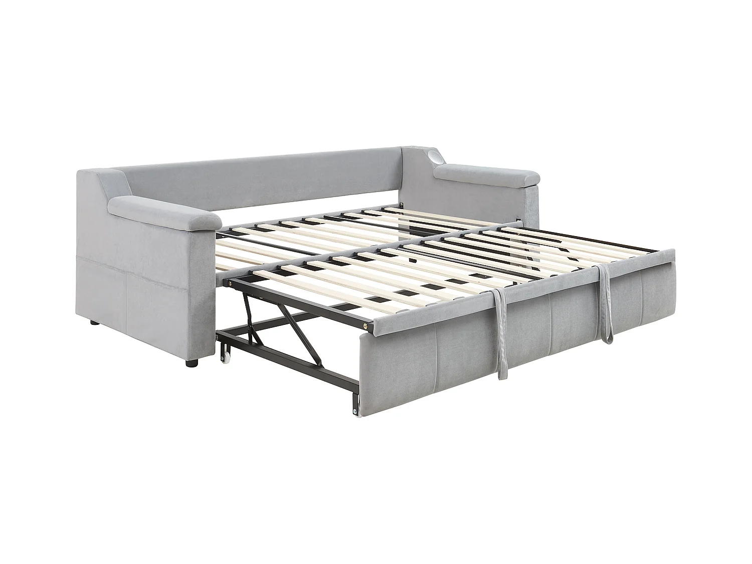 Lit banquette enfant 90x190cm convertible avec lit gigogne,haut-parleurs Bluetooth et USB, velours gris clair, sans matelas