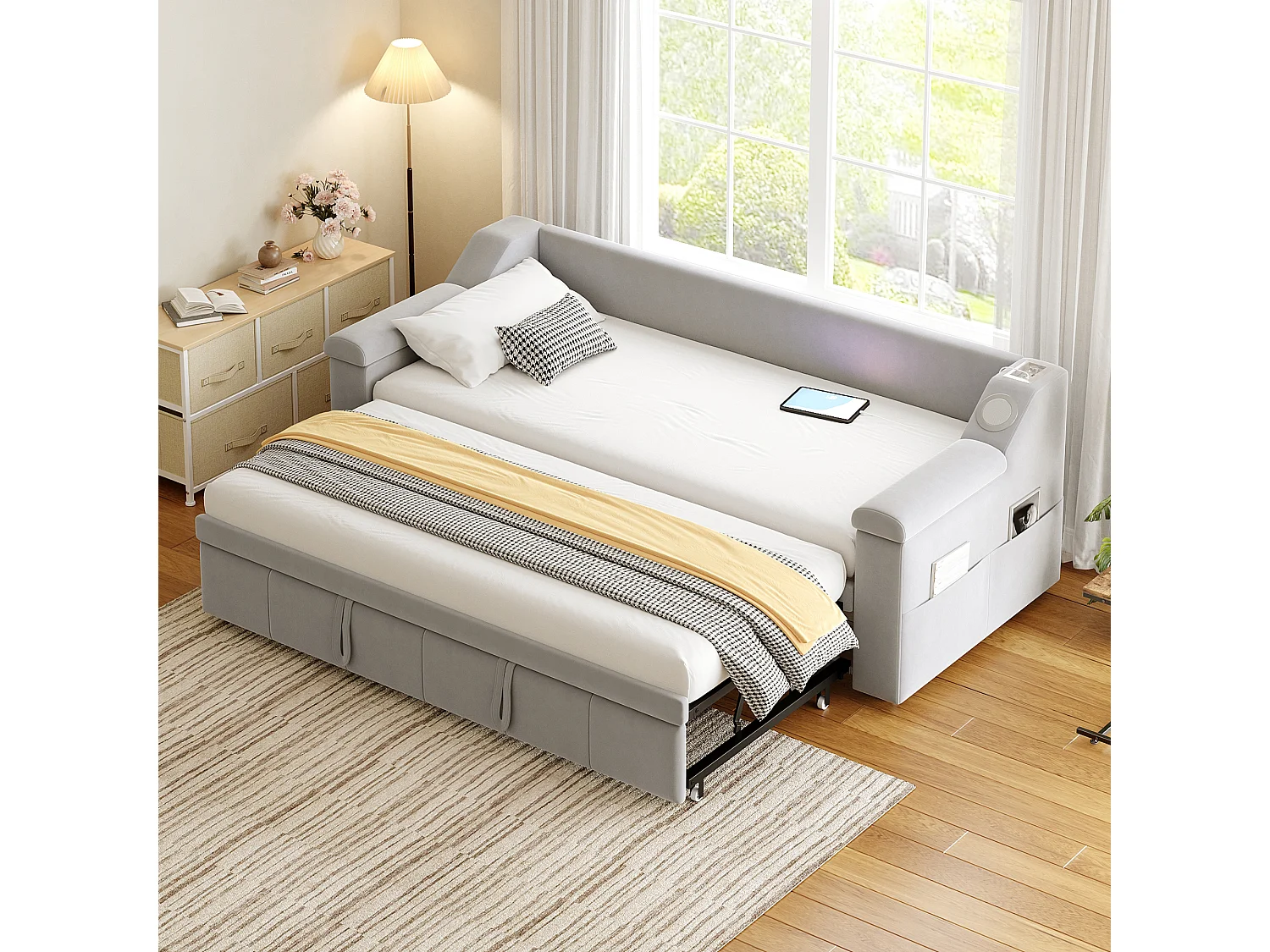 Lit banquette enfant 90x190cm convertible avec lit gigogne,haut-parleurs Bluetooth et USB, velours gris clair, sans matelas