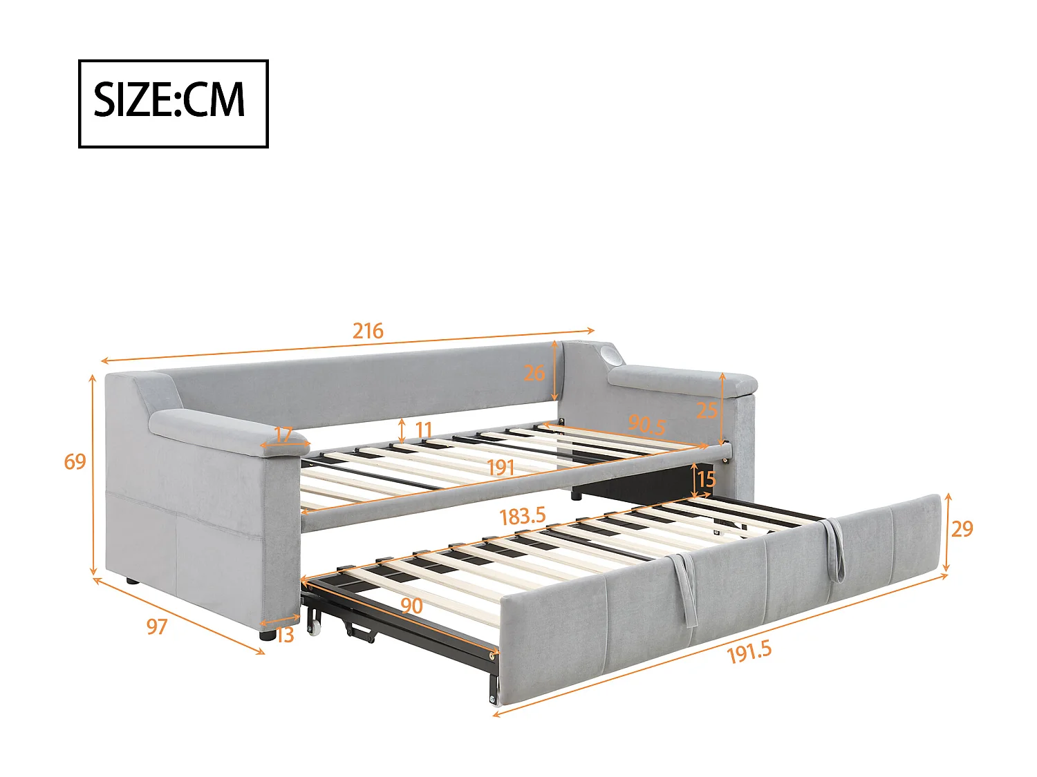 Lit banquette enfant 90x190cm convertible avec lit gigogne,haut-parleurs Bluetooth et USB, velours gris clair, sans matelas