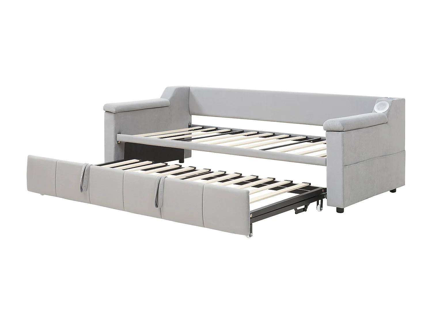 Lit banquette enfant 90x190cm convertible avec lit gigogne,haut-parleurs Bluetooth et USB, velours gris clair, sans matelas