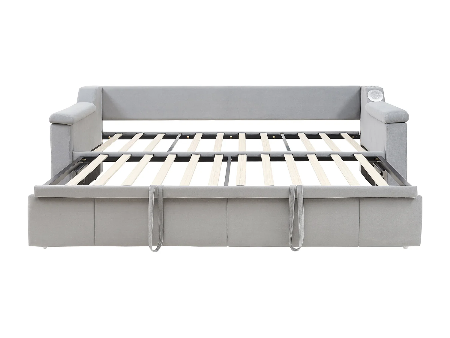 Lit banquette enfant 90x190cm convertible avec lit gigogne,haut-parleurs Bluetooth et USB, velours gris clair, sans matelas