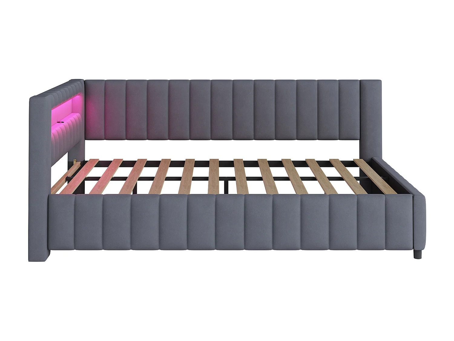 Lit banquette adulte 140x200cm gris en velours avec LED et USB, Sommier à lattes, sans matelas