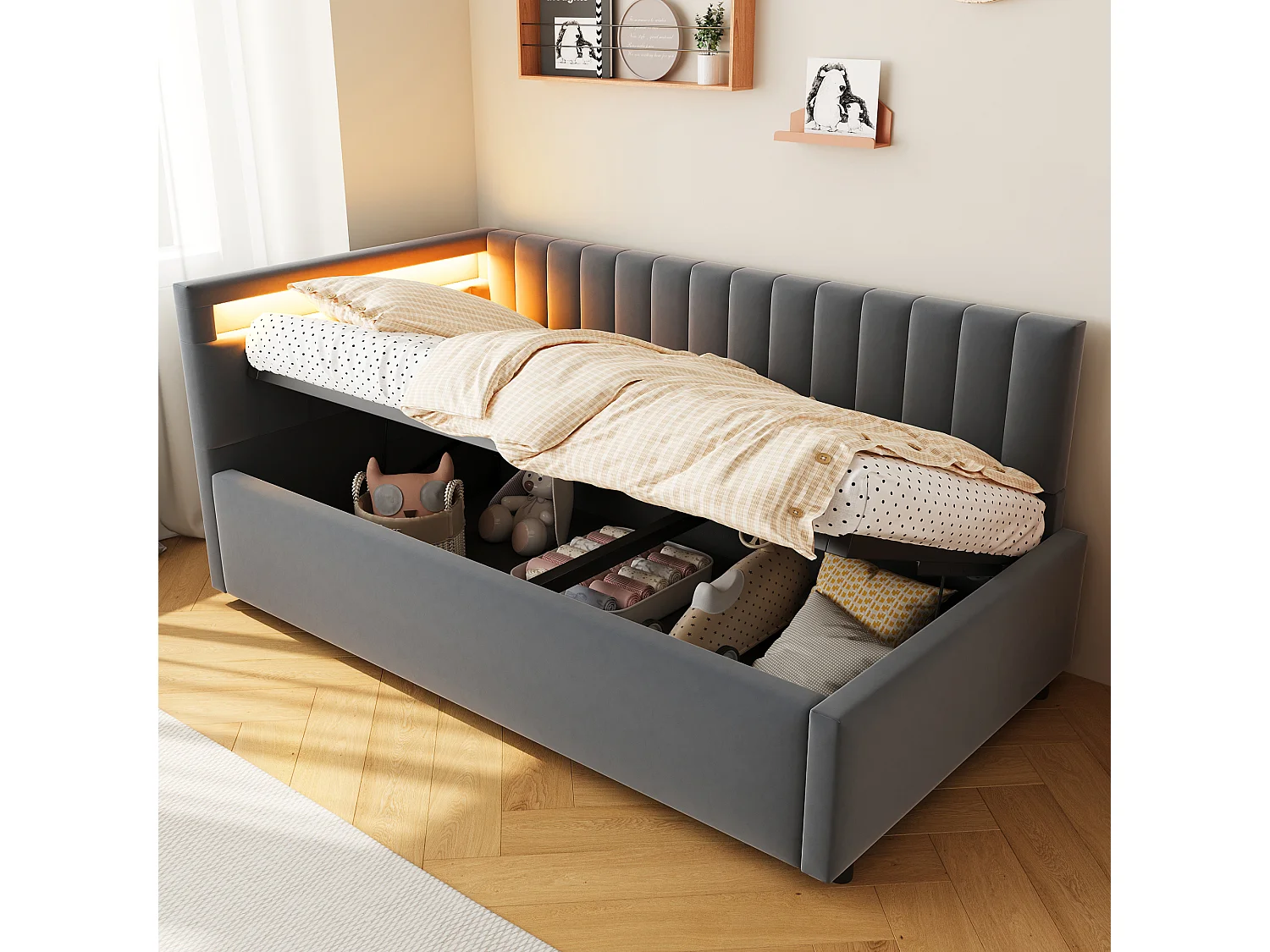 Kinderbedbank 90x200 cm met opbergruimte en LED-verlichting, bekleed met grijs fluweel, zonder matras