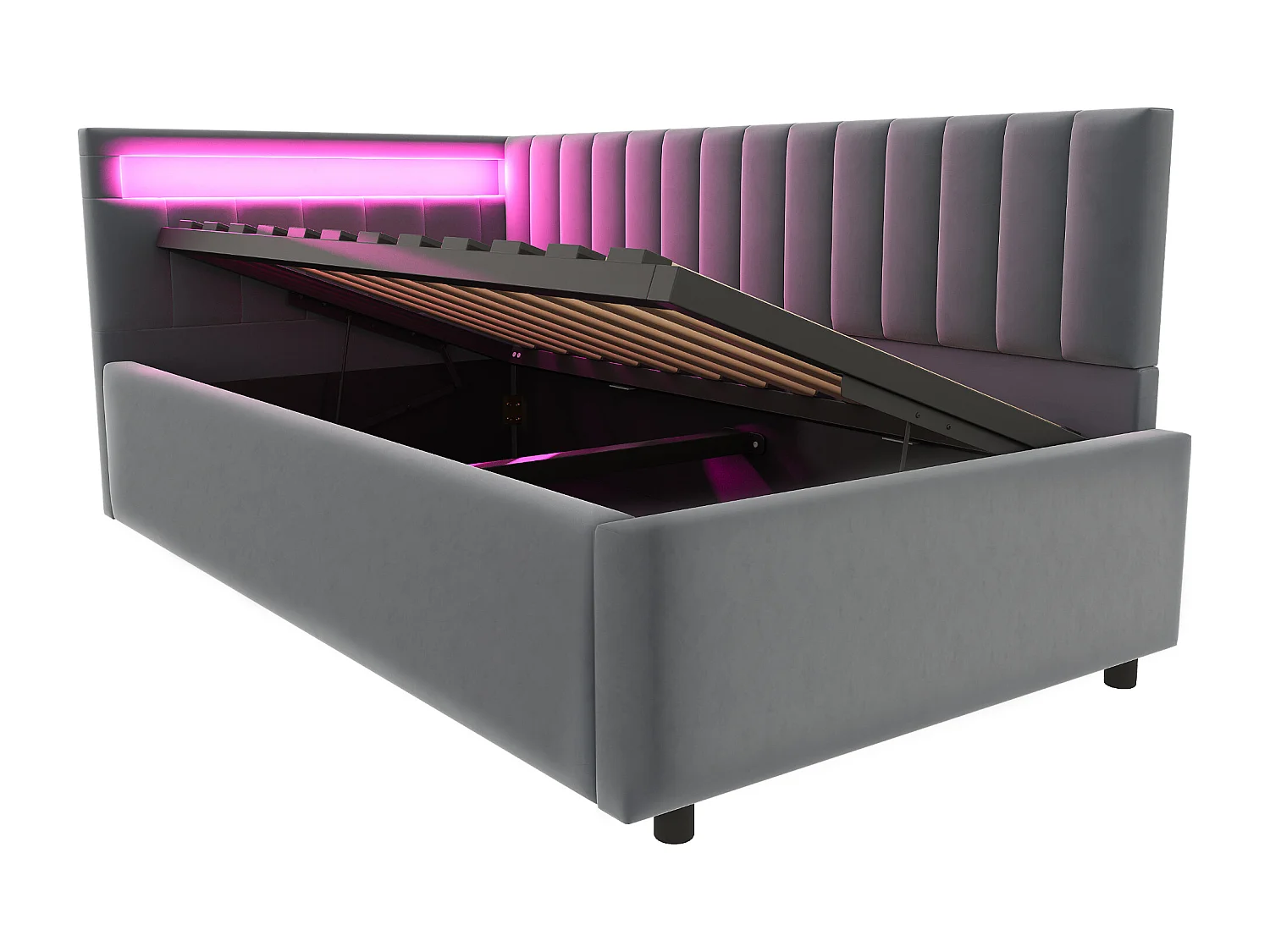 Kinderbedbank 90x200 cm met opbergruimte en LED-verlichting, bekleed met grijs fluweel, zonder matras