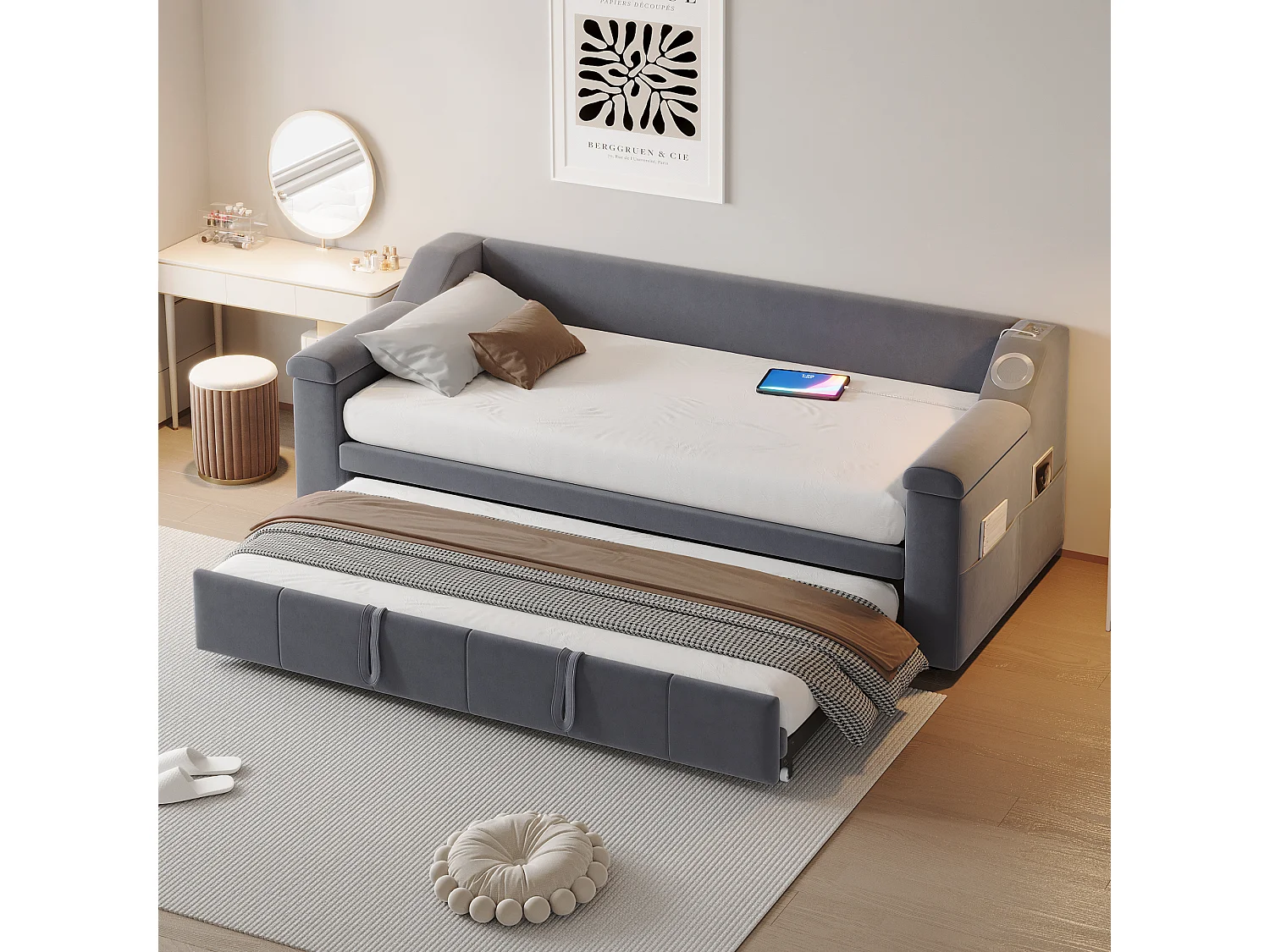 Lit banquette enfant 90x190cm convertible avec lit gigogne,haut-parleurs Bluetooth et USB, velours gris, sans matelas