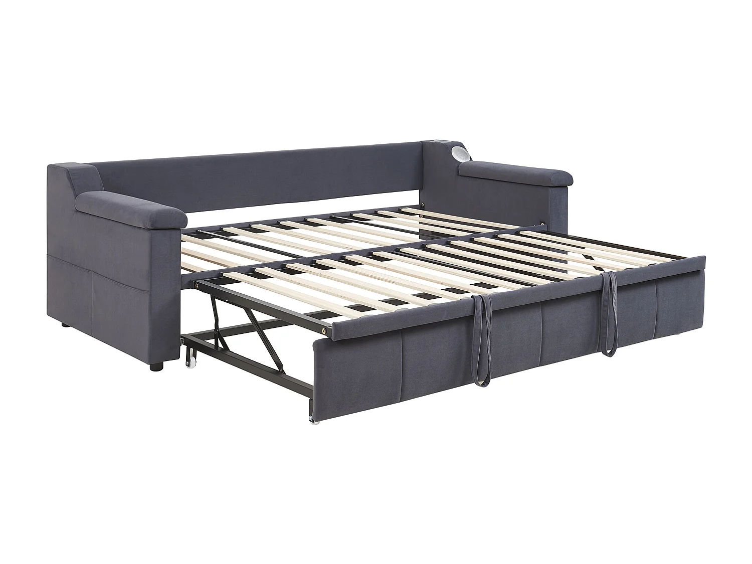 Lit banquette enfant 90x190cm convertible avec lit gigogne,haut-parleurs Bluetooth et USB, velours gris, sans matelas