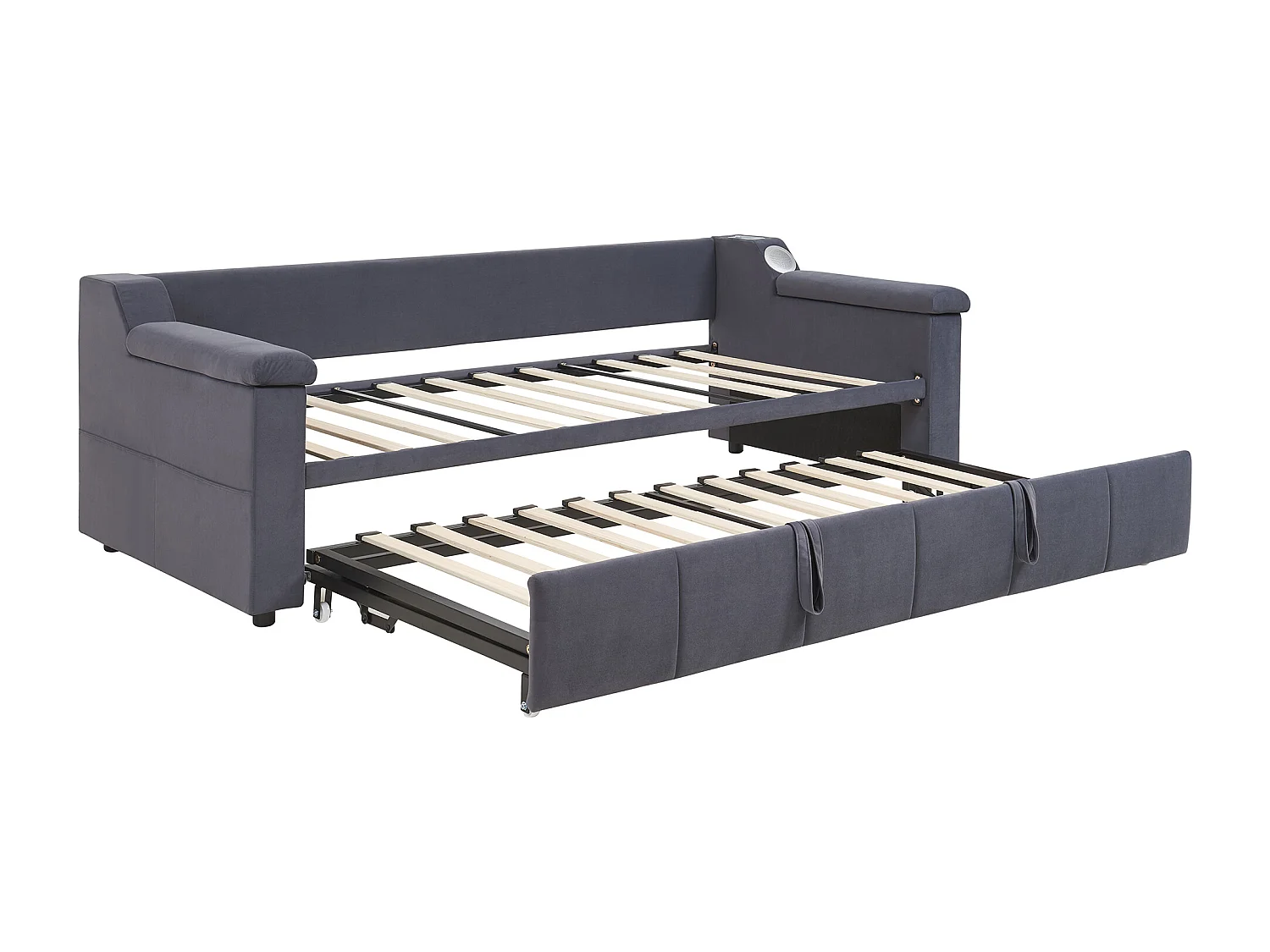 Lit banquette enfant 90x190cm convertible avec lit gigogne,haut-parleurs Bluetooth et USB, velours gris, sans matelas