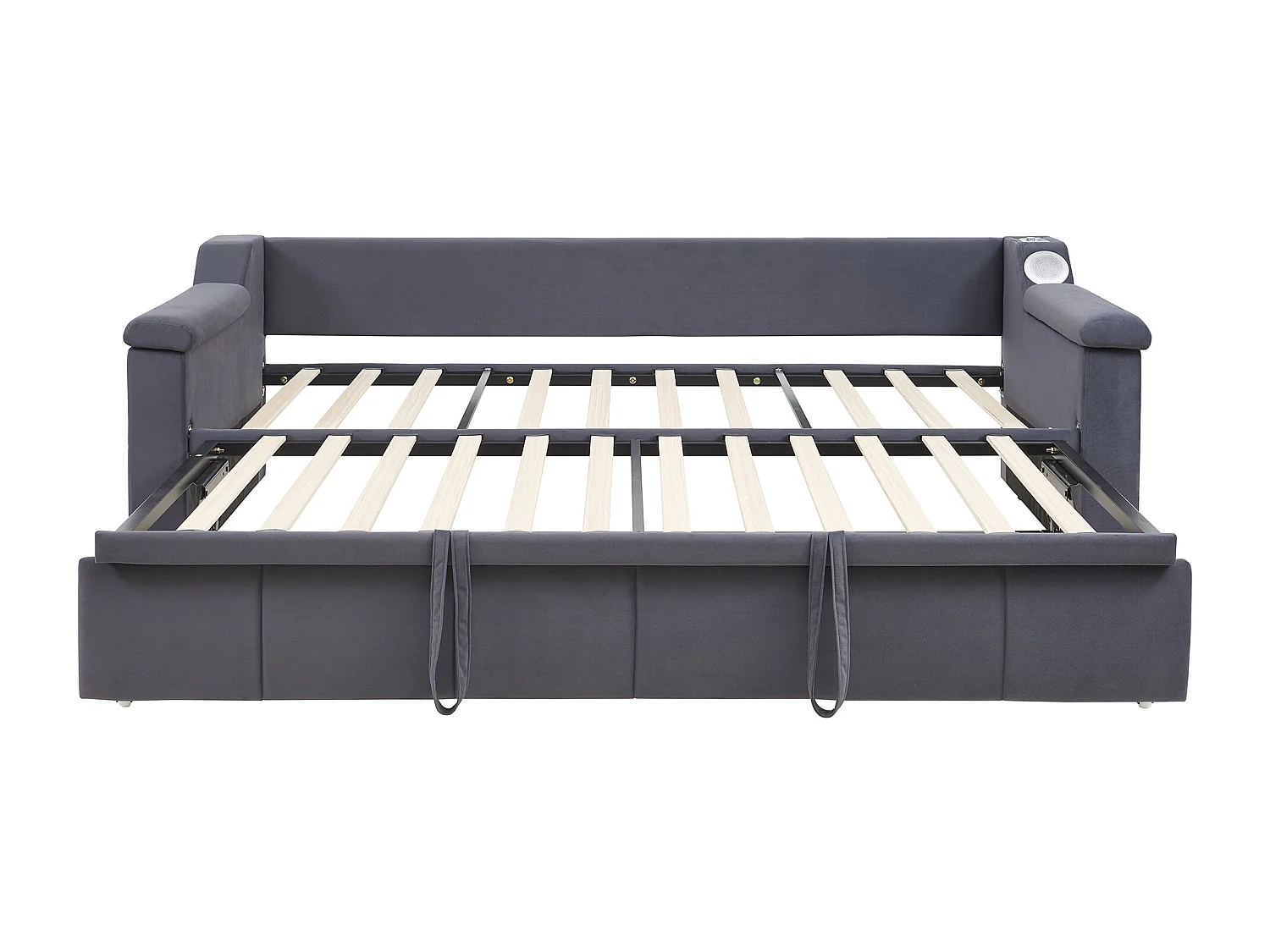 Lit banquette enfant 90x190cm convertible avec lit gigogne,haut-parleurs Bluetooth et USB, velours gris, sans matelas