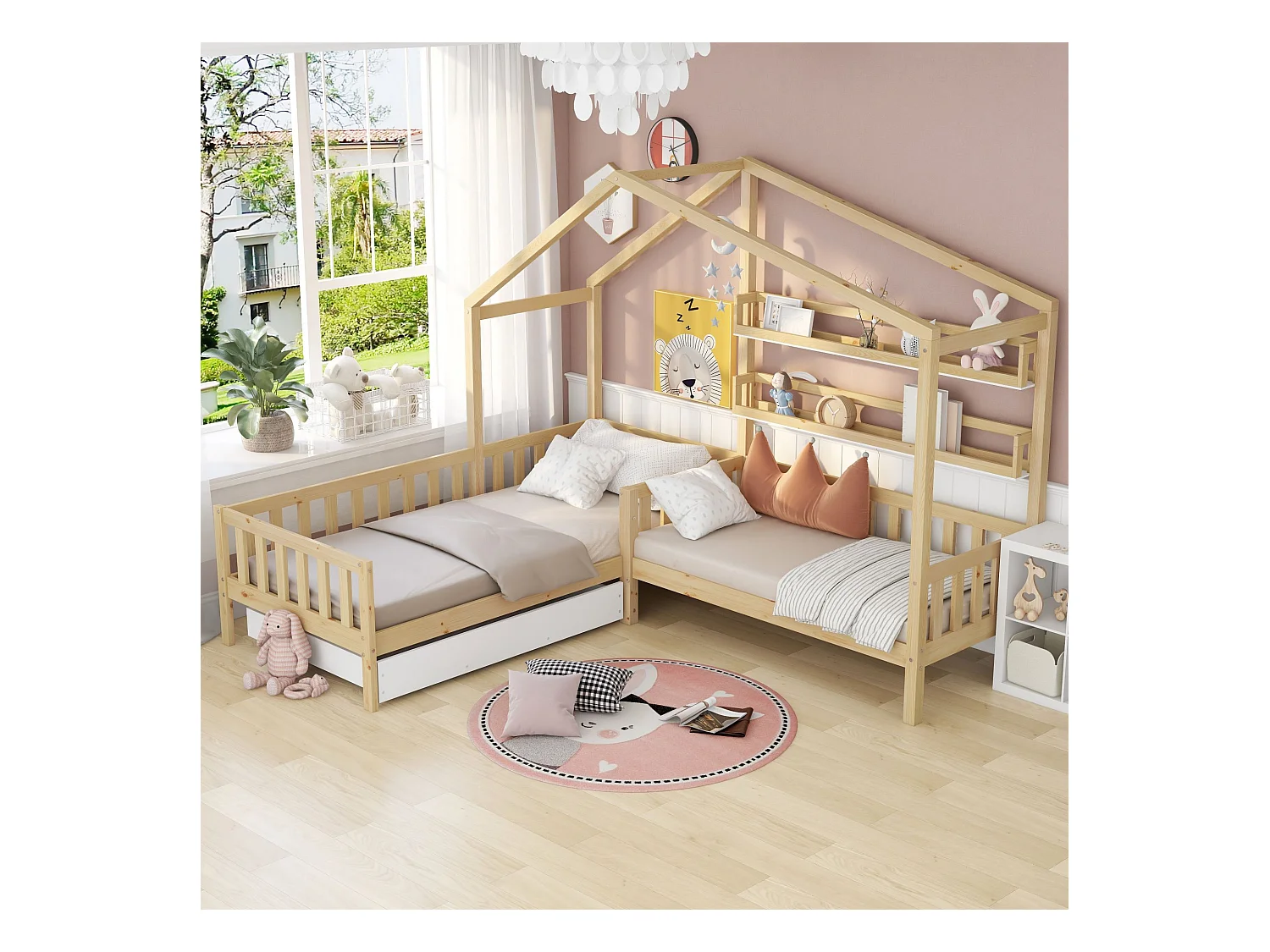 Lit cabane enfant 90x200cm en L avec lit 140x70cm,tiroir et étagères, cadre en pin, naturel clair, sans matelas