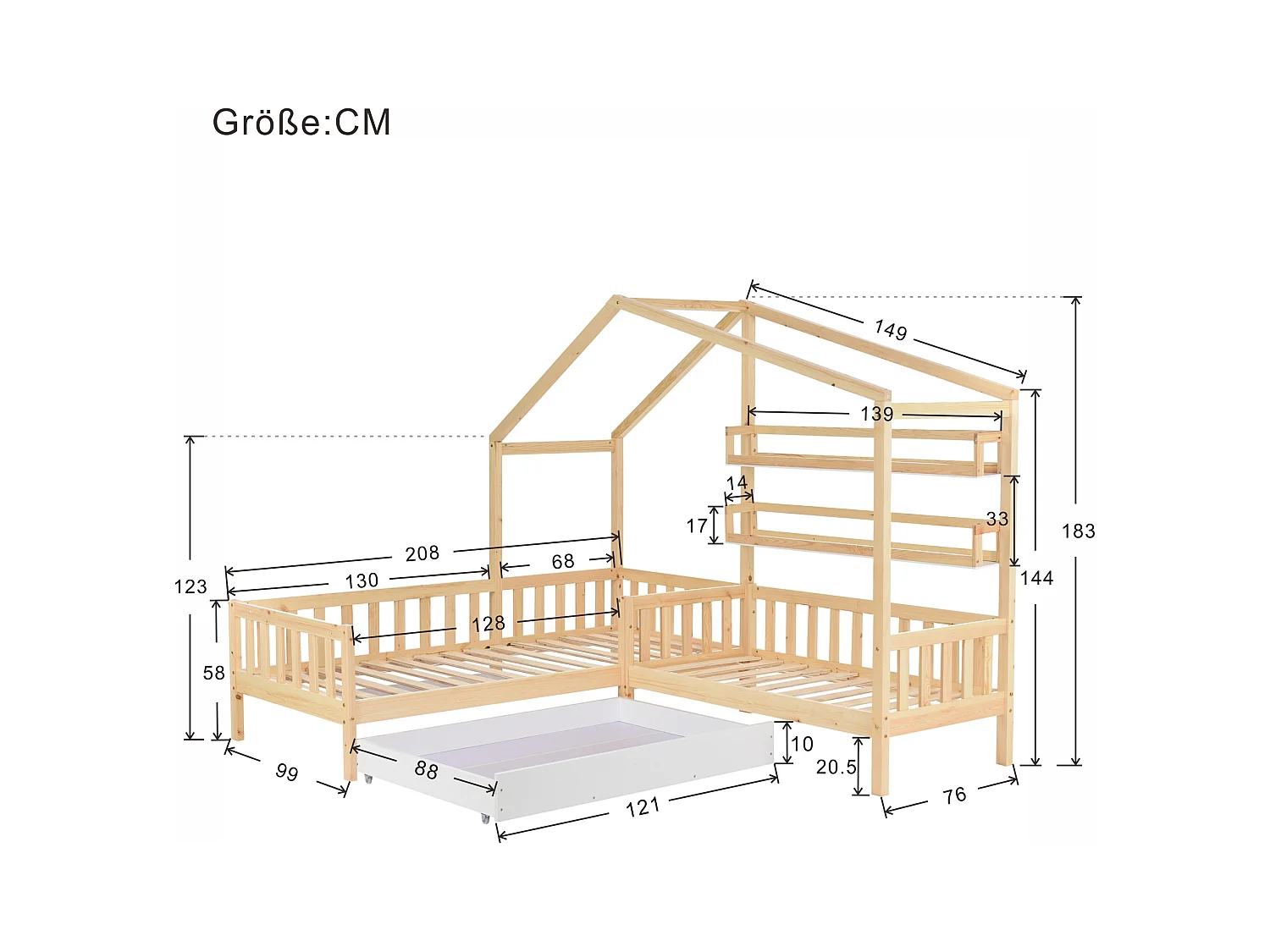 Lit cabane enfant 90x200cm en L avec lit 140x70cm,tiroir et étagères, cadre en pin, naturel clair, sans matelas