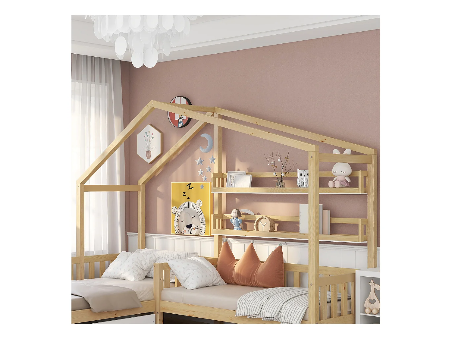 Lit cabane enfant 90x200cm en L avec lit 140x70cm,tiroir et étagères, cadre en pin, naturel clair, sans matelas