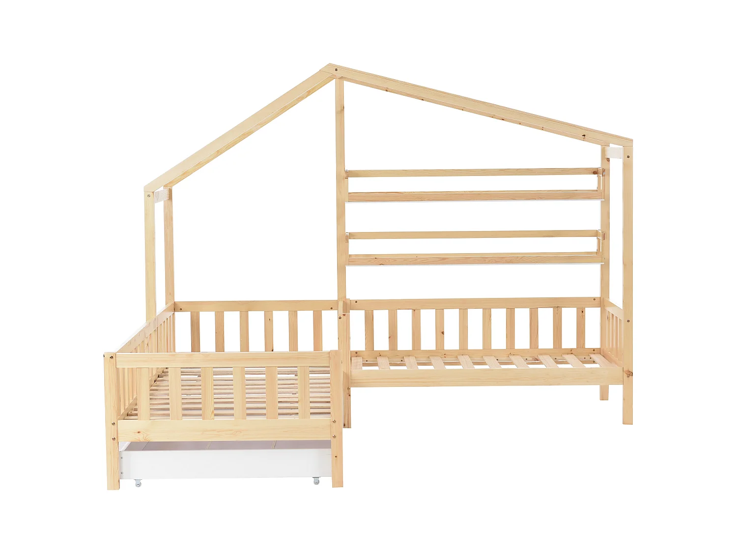 Lit cabane enfant 90x200cm en L avec lit 140x70cm,tiroir et étagères, cadre en pin, naturel clair, sans matelas