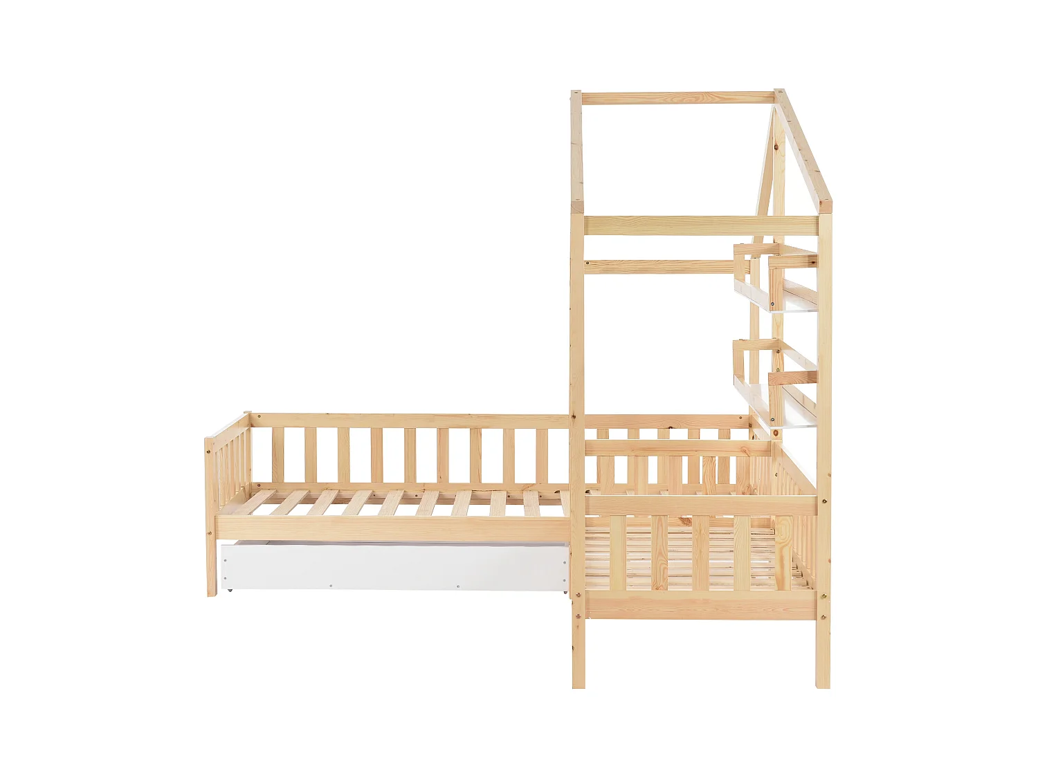 Lit cabane enfant 90x200cm en L avec lit 140x70cm,tiroir et étagères, cadre en pin, naturel clair, sans matelas