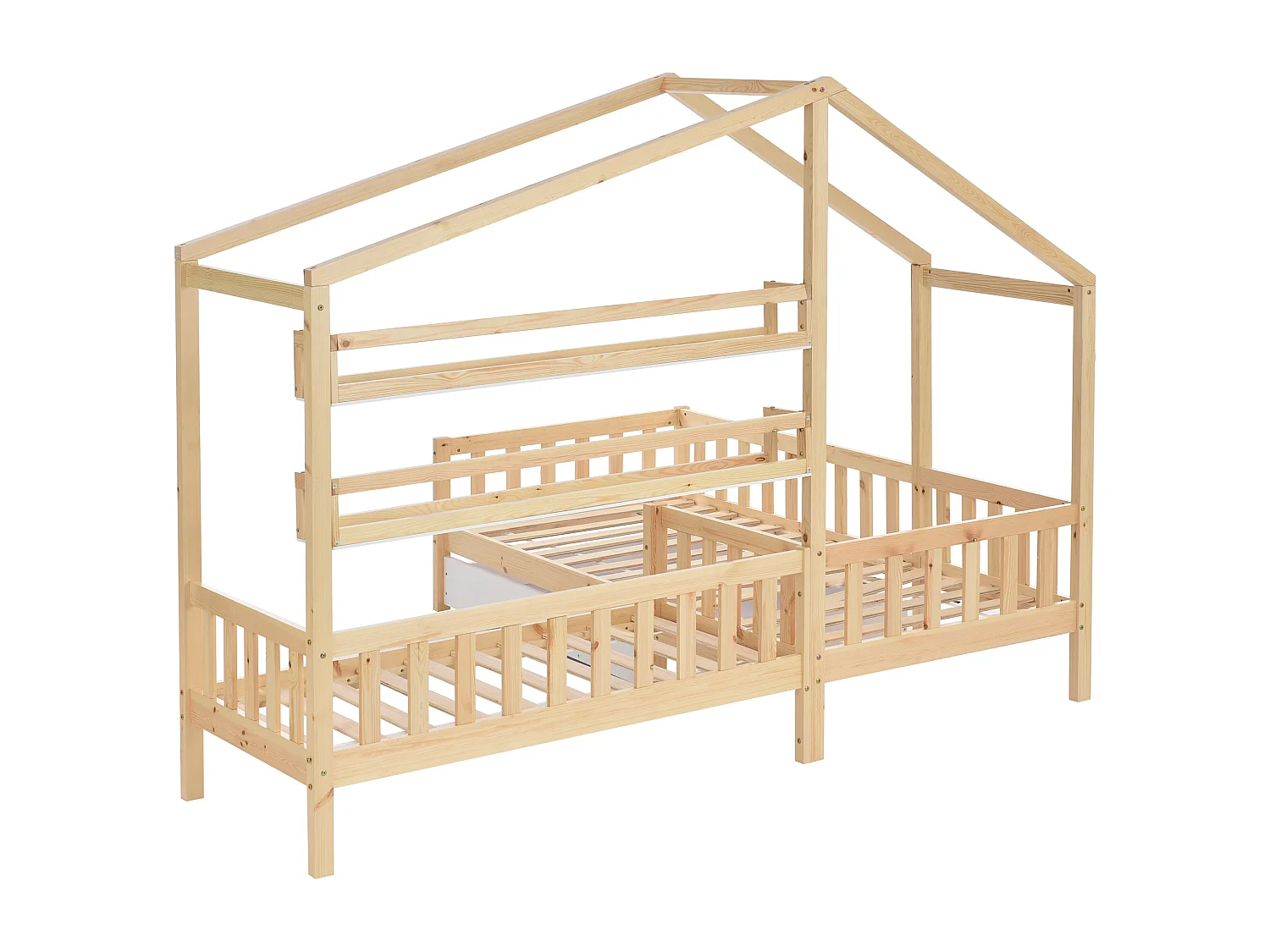 Lit cabane enfant 90x200cm en L avec lit 140x70cm,tiroir et étagères, cadre en pin, naturel clair, sans matelas