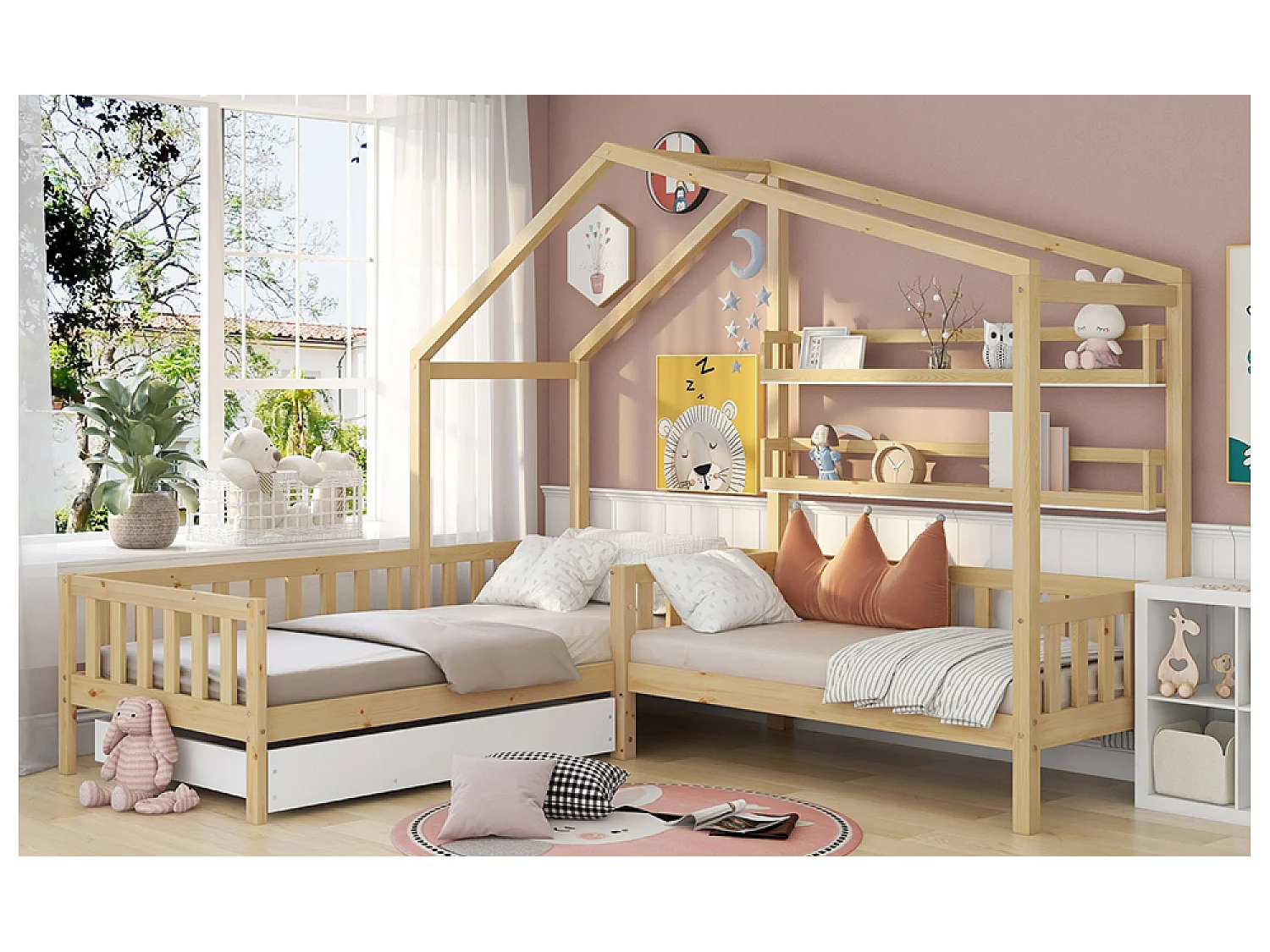 Huisbed voor kinderen 90x200 cm in L-vorm met bed van 140x70 cm, lade en planken, frame van grenenhout, licht naturel, zonder matras
