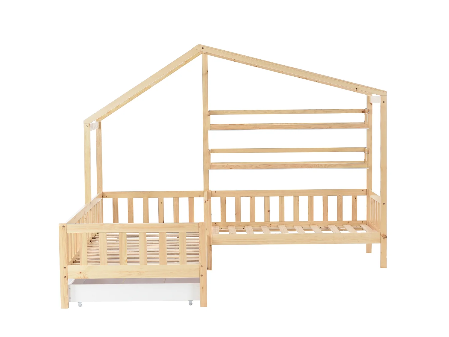 Huisbed voor kinderen 90x200 cm in L-vorm met bed van 140x70 cm, lade en planken, frame van grenenhout, licht naturel, zonder matras
