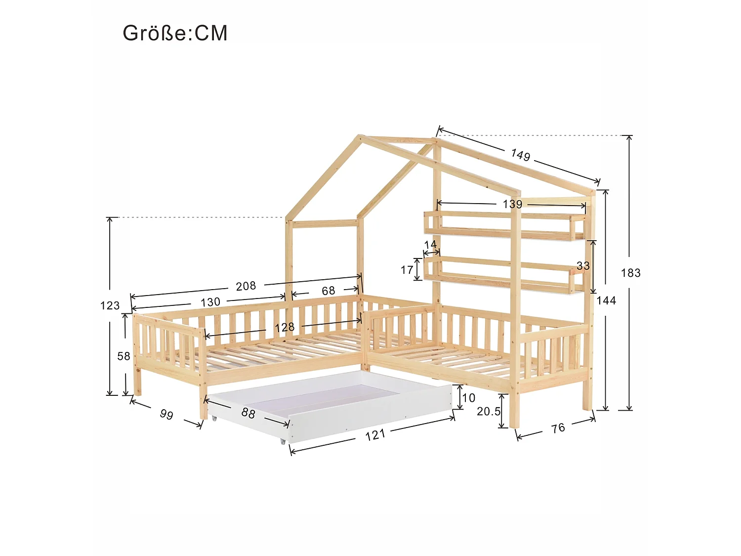 Huisbed voor kinderen 90x200 cm in L-vorm met bed van 140x70 cm, lade en planken, frame van grenenhout, licht naturel, zonder matras