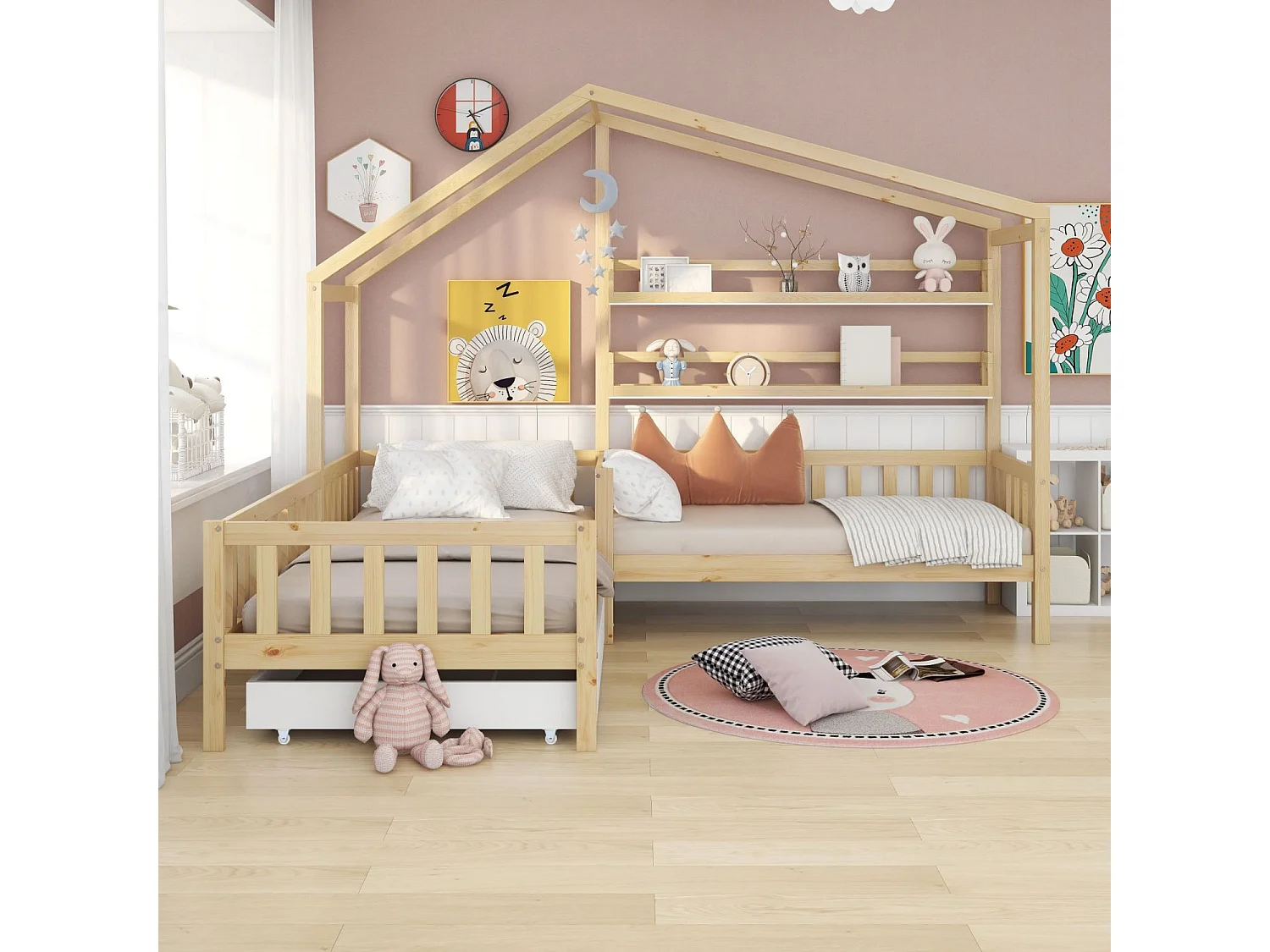 Huisbed voor kinderen 90x200 cm in L-vorm met bed van 140x70 cm, lade en planken, frame van grenenhout, licht naturel, zonder matras