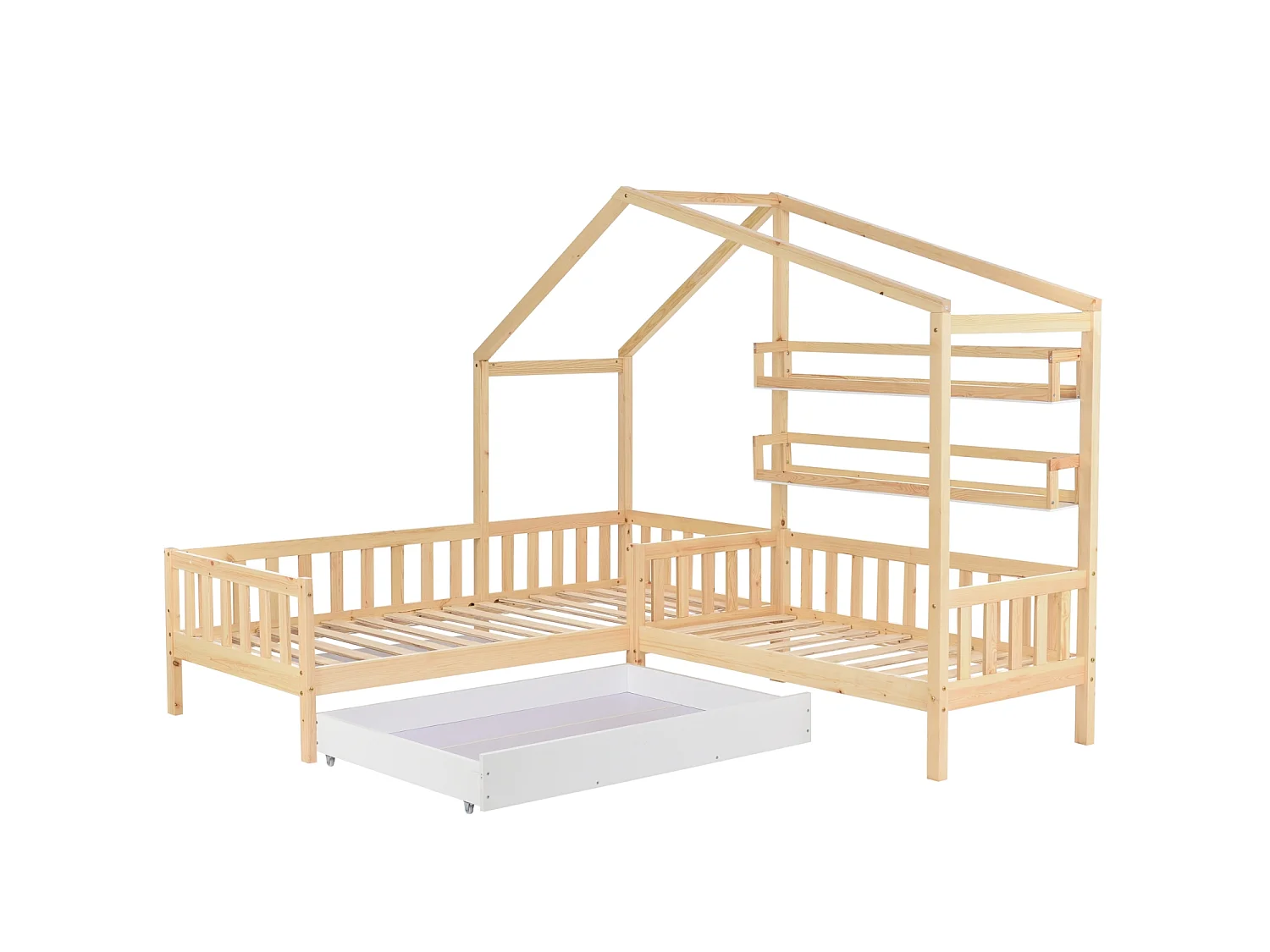 Huisbed voor kinderen 90x200 cm in L-vorm met bed van 140x70 cm, lade en planken, frame van grenenhout, licht naturel, zonder matras