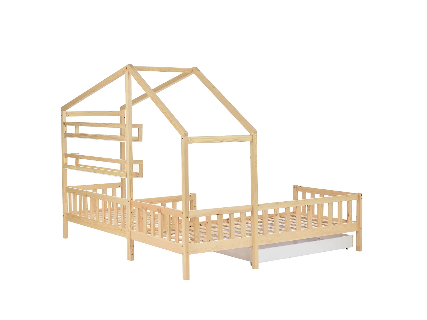Huisbed voor kinderen 90x200 cm in L-vorm met bed van 140x70 cm, lade en planken, frame van grenenhout, licht naturel, zonder matras