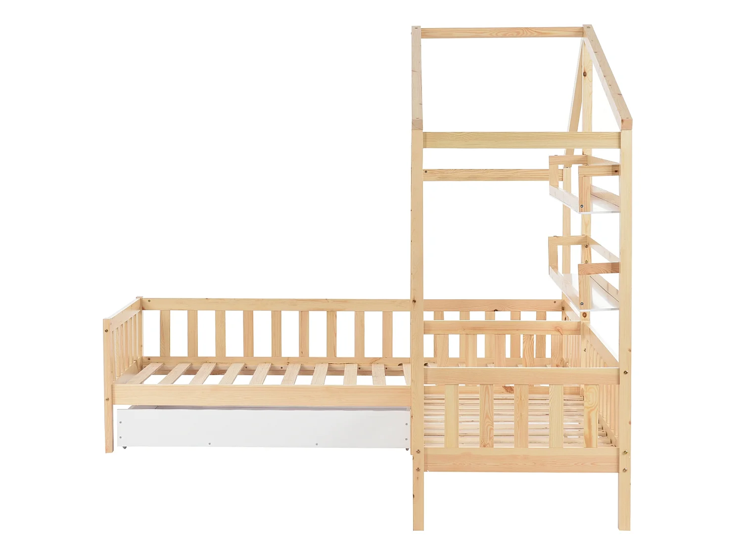 Huisbed voor kinderen 90x200 cm in L-vorm met bed van 140x70 cm, lade en planken, frame van grenenhout, licht naturel, zonder matras