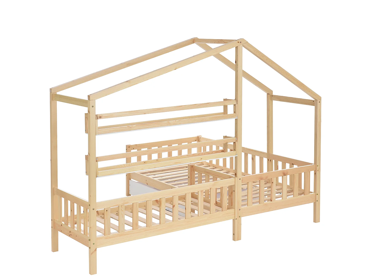 Huisbed voor kinderen 90x200 cm in L-vorm met bed van 140x70 cm, lade en planken, frame van grenenhout, licht naturel, zonder matras
