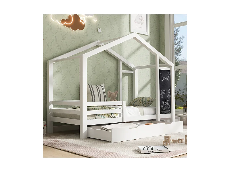 Lit cabane enfant 90x200cm avec 2 tiroirs et garde-corps, cadre en bois de pin, blanc, sans matelas