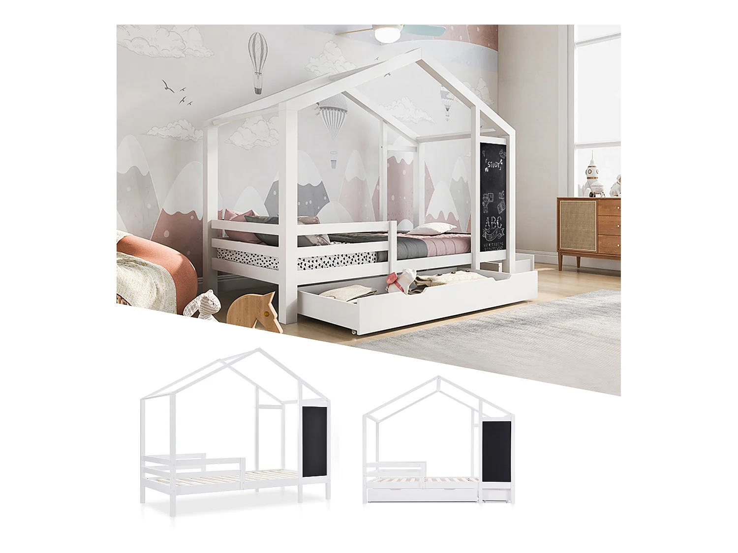 Kinderhuisbed 90x200 cm met 2 lades en veiligheidsrek, frame van grenenhout, wit, zonder matras