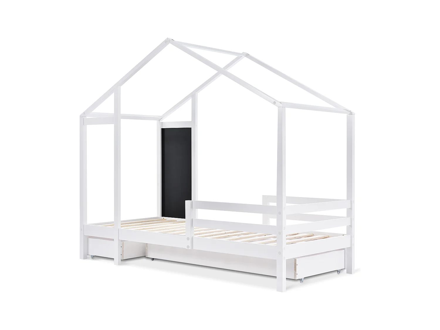 Kinderhuisbed 90x200 cm met 2 lades en veiligheidsrek, frame van grenenhout, wit, zonder matras