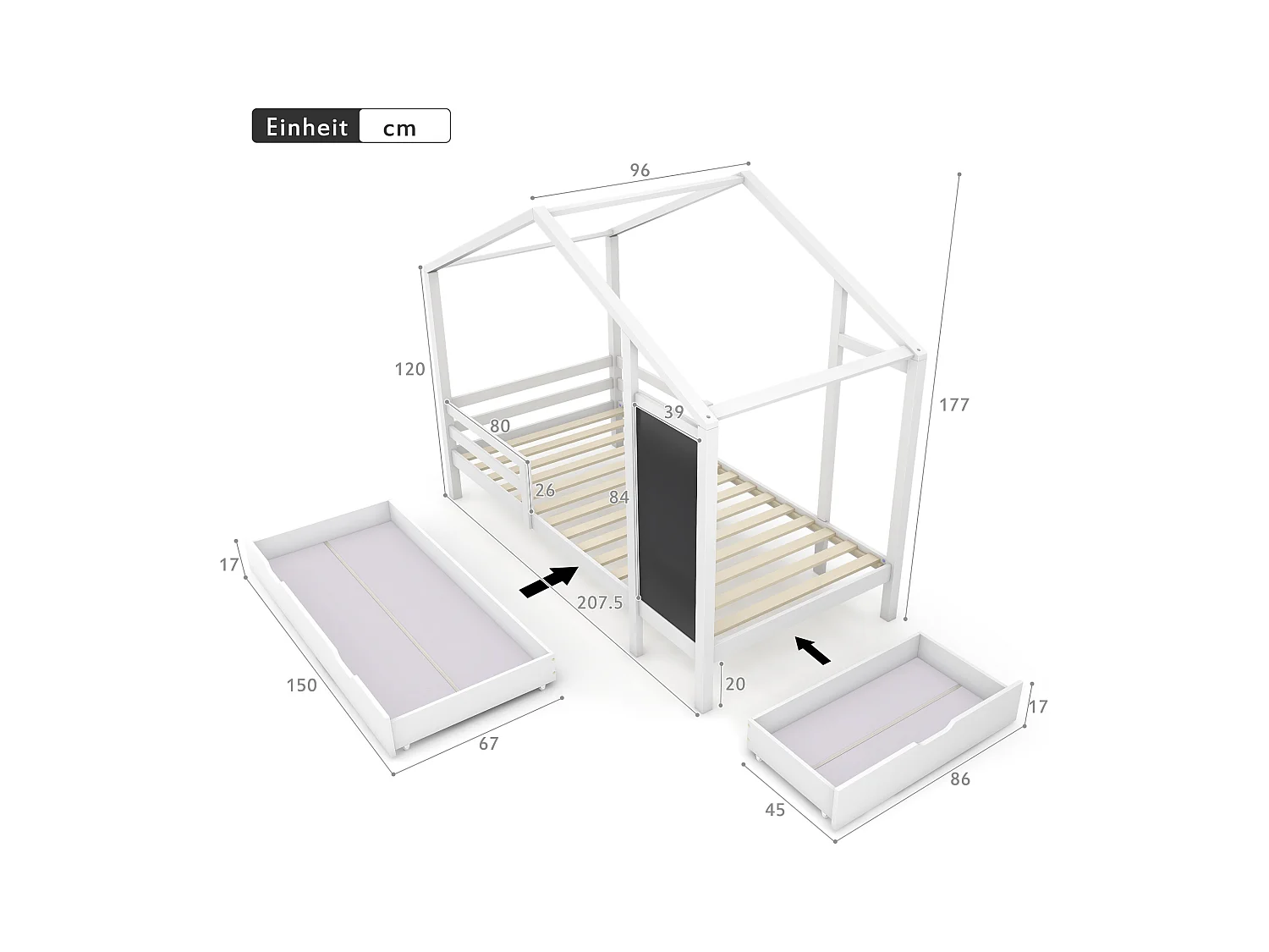 Kinderhuisbed 90x200 cm met 2 lades en veiligheidsrek, frame van grenenhout, wit, zonder matras