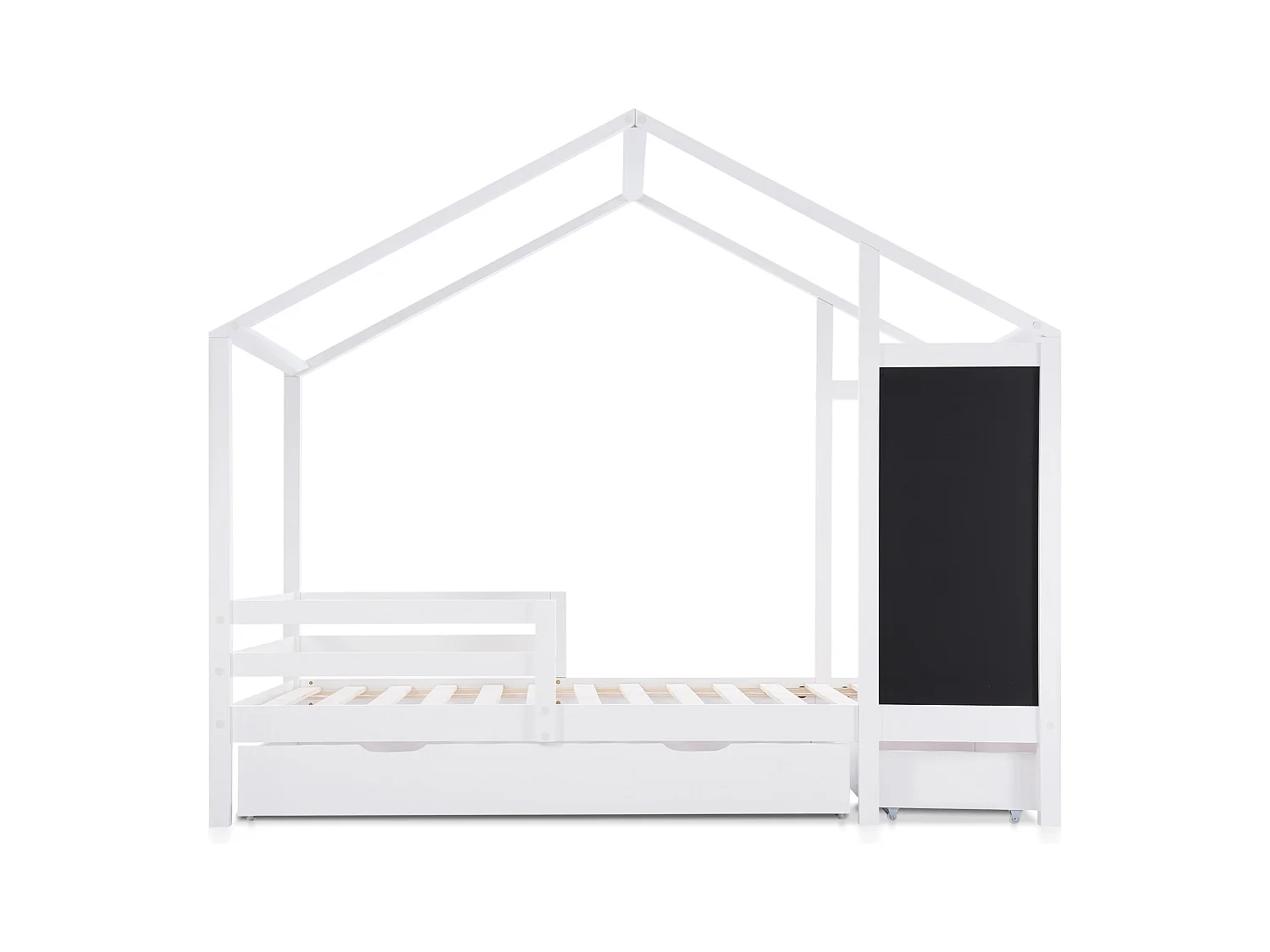Kinderhuisbed 90x200 cm met 2 lades en veiligheidsrek, frame van grenenhout, wit, zonder matras