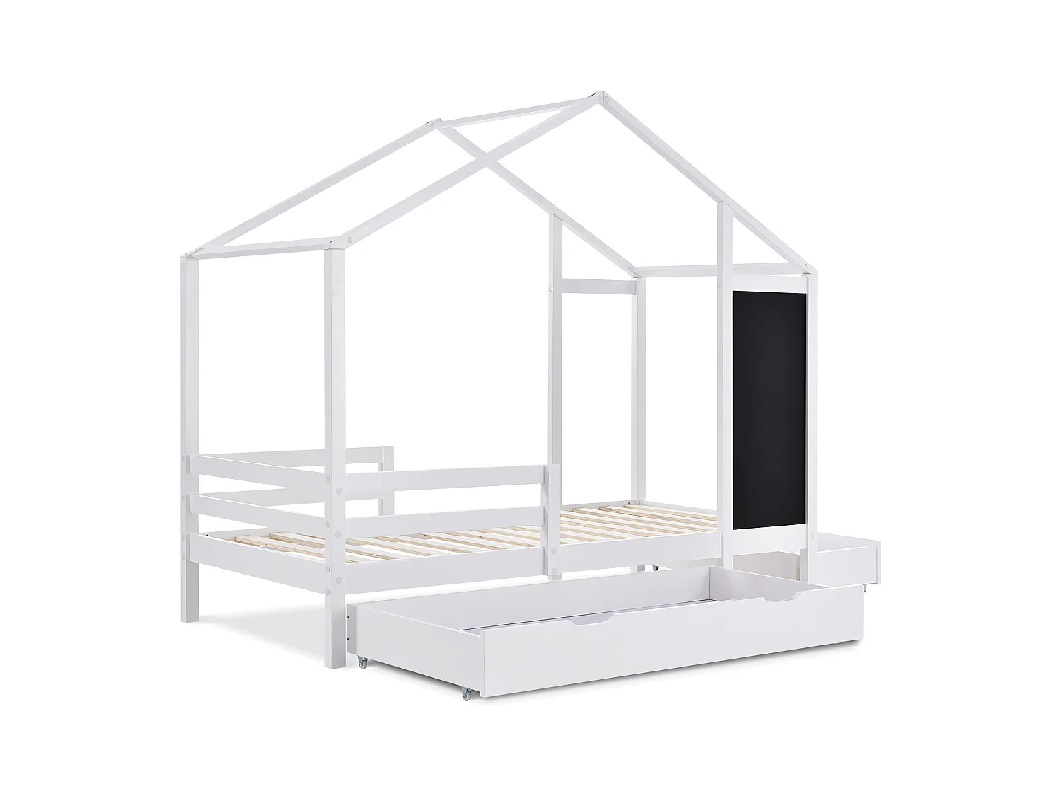 Kinderhuisbed 90x200 cm met 2 lades en veiligheidsrek, frame van grenenhout, wit, zonder matras