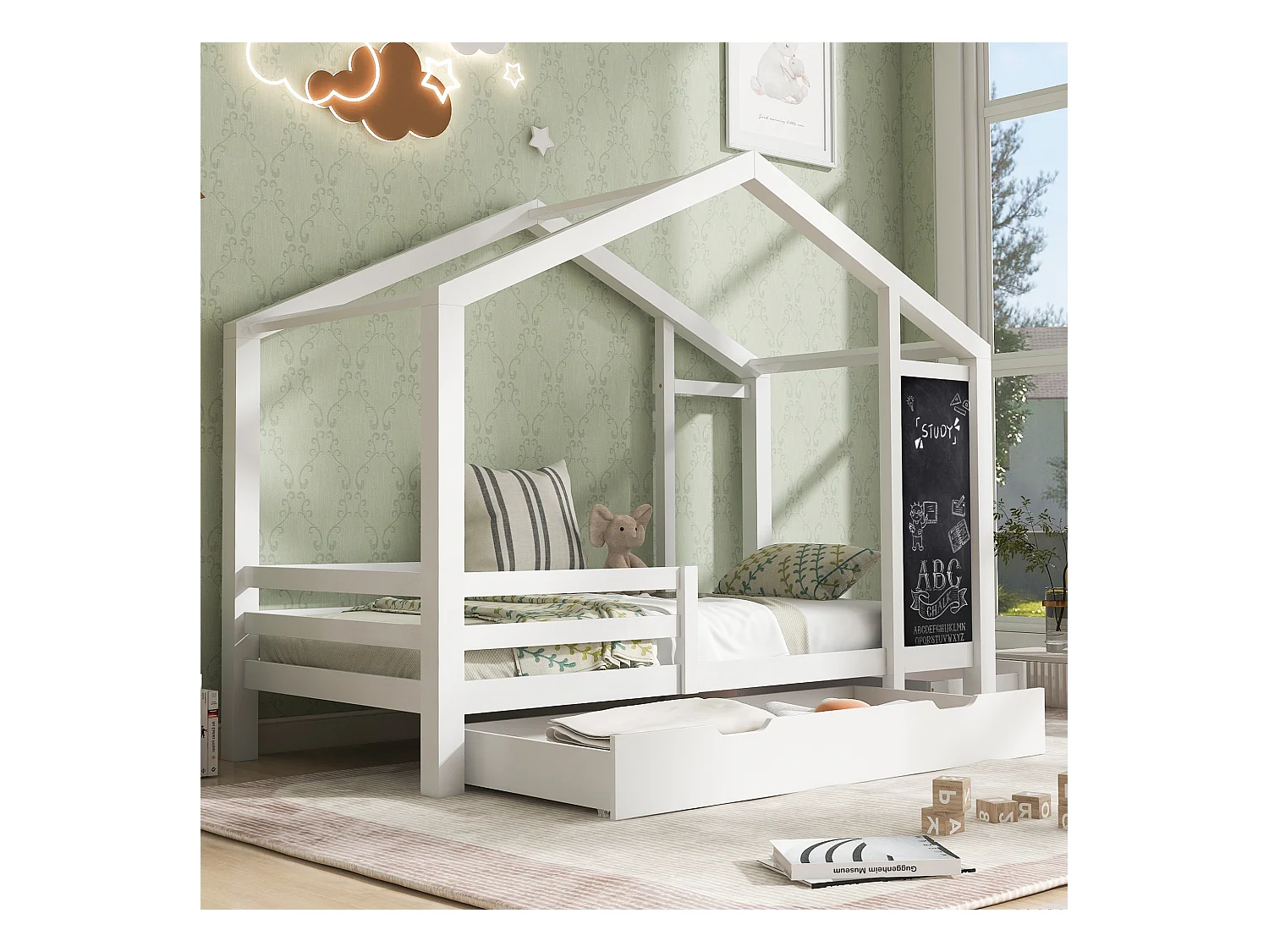 Cama casita infantil 90x200 cm con 2 cajones y barrera de protección, estructura de madera de pino, color blanco, sin colchón
