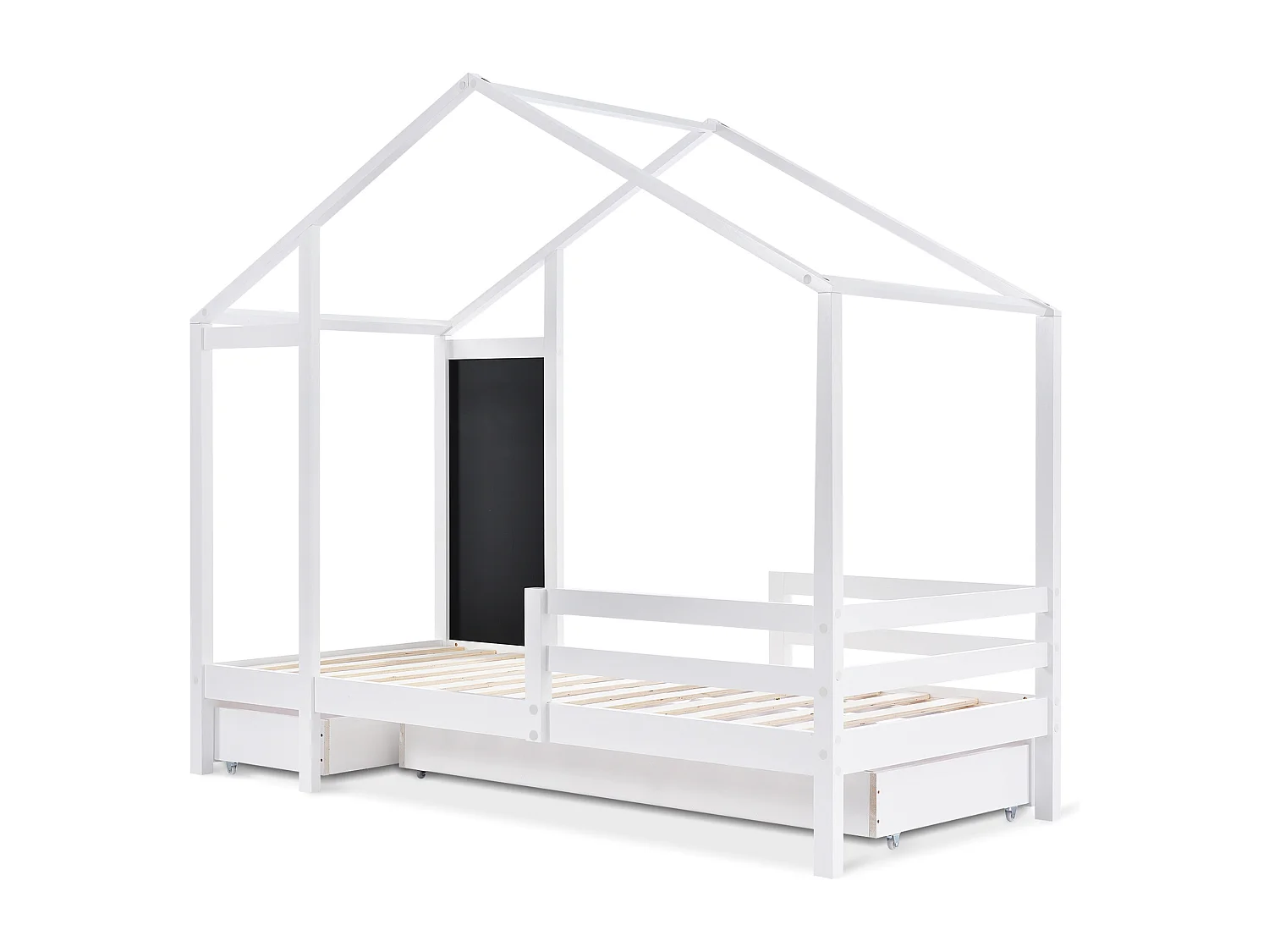 Lit cabane enfant 90x200cm avec 2 tiroirs et garde-corps, cadre en bois de pin, blanc, sans matelas