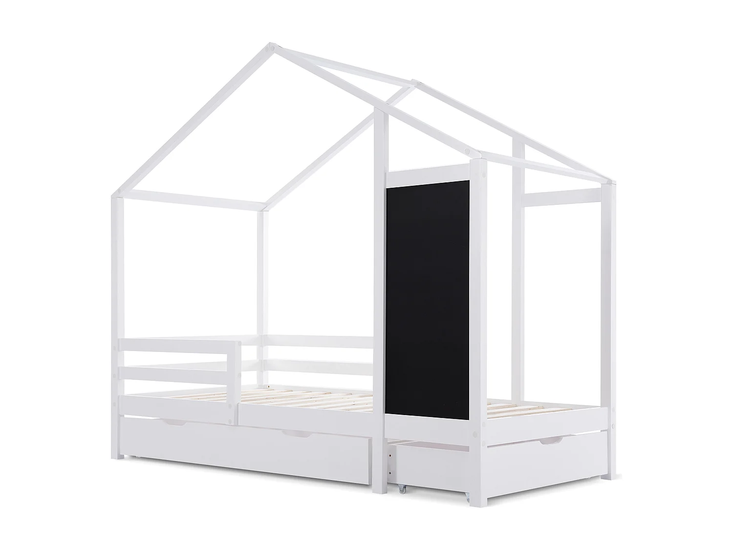Lit cabane enfant 90x200cm avec 2 tiroirs et garde-corps, cadre en bois de pin, blanc, sans matelas