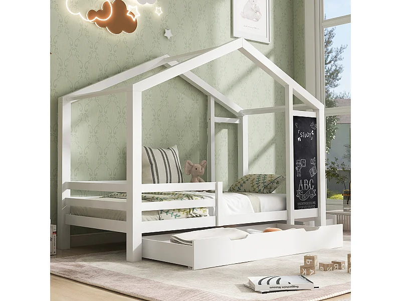 Lit cabane enfant 90x200cm avec 2 tiroirs et garde-corps, cadre en bois de pin, blanc, sans matelas