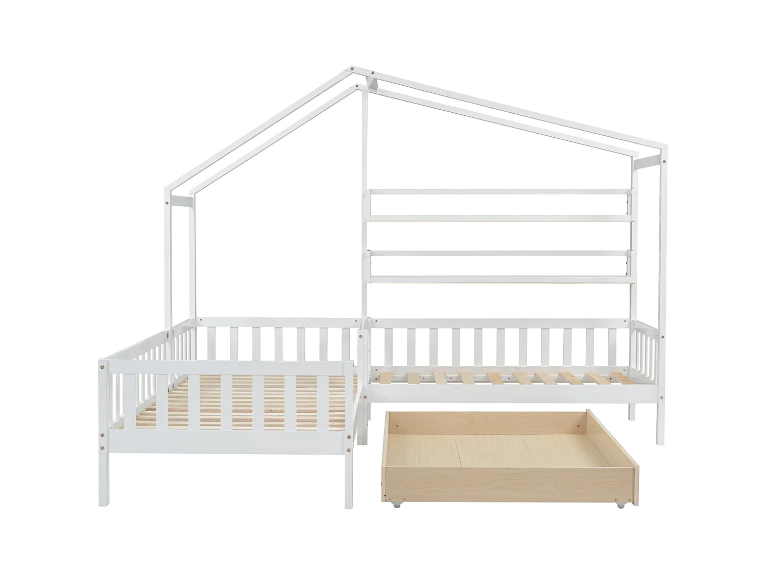 Lit cabane enfant 90x200cm en L avec lit 140x70cm,tiroir et étagères, cadre en pin, blanc, sans matelas