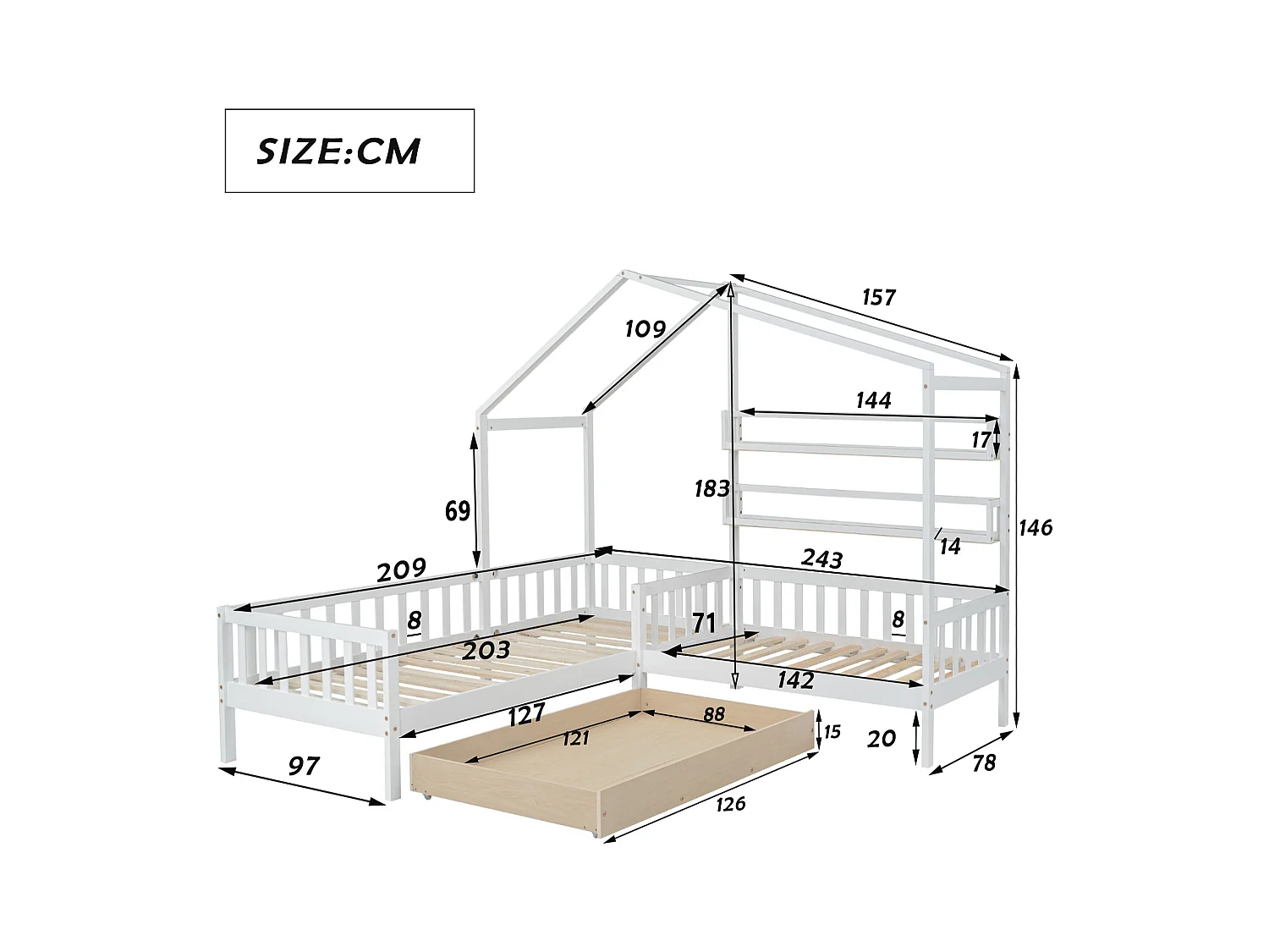 Lit cabane enfant 90x200cm en L avec lit 140x70cm,tiroir et étagères, cadre en pin, blanc, sans matelas