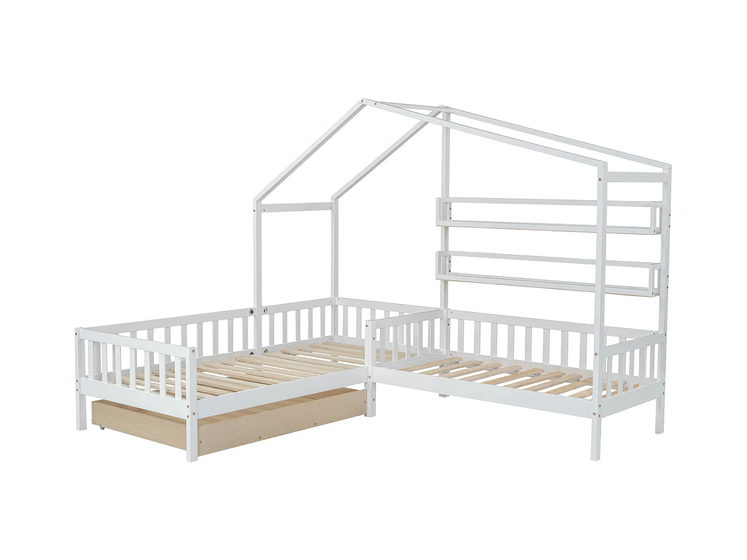Lit cabane enfant 90x200cm en L avec lit 140x70cm,tiroir et étagères, cadre en pin, blanc, sans matelas